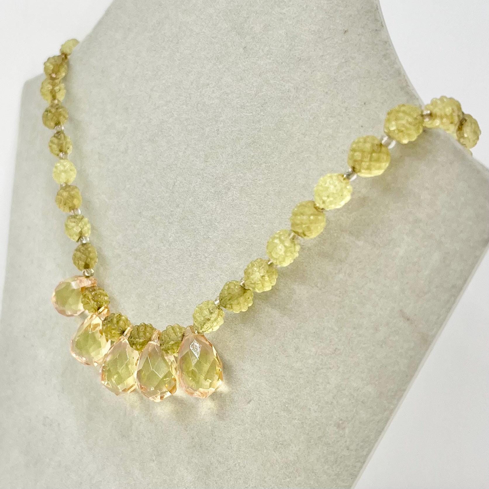 Art Deco Bi Colour Peach Green Uranium Glass Crystal Bead Drop Necklace Bright Green UV Reactive Glow Jewellery 16” Long TheGreenGlassGemShop