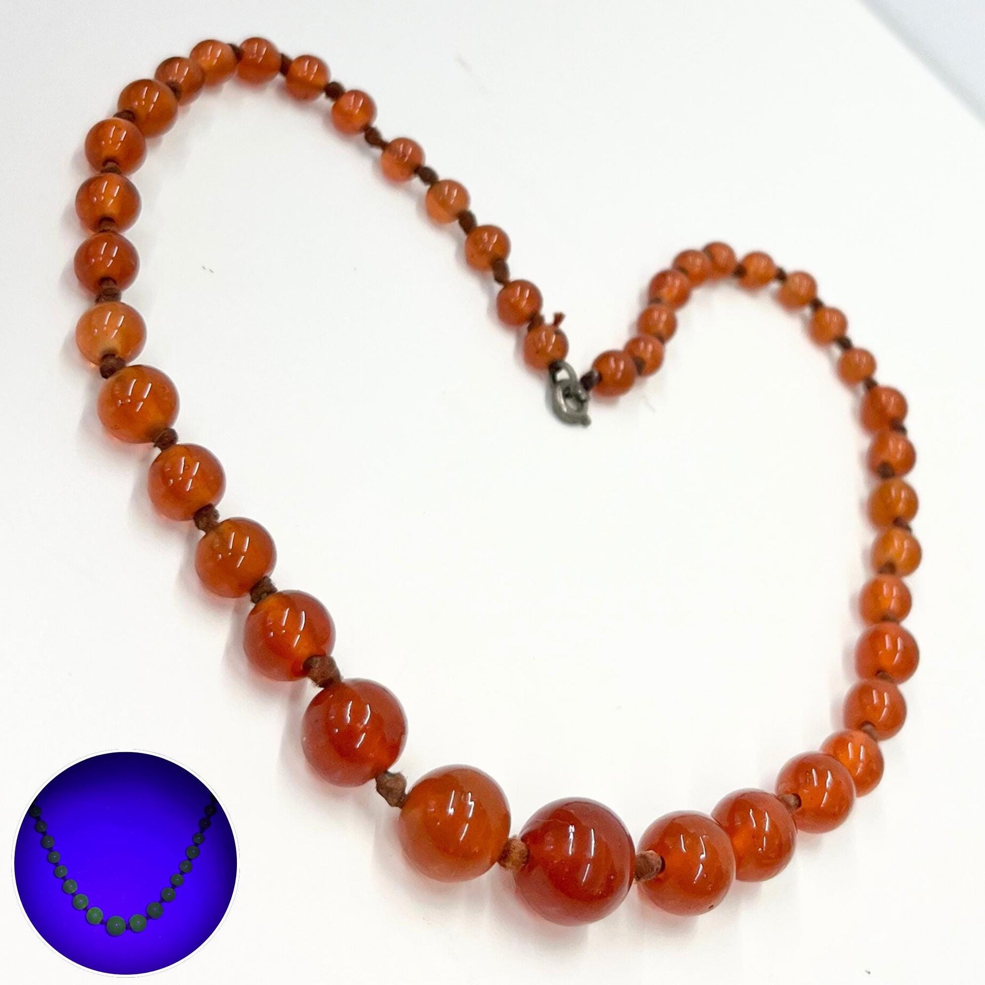 Vintage Carnelian Glass Uranium Graduated Round Bead Necklace Orange Hand Knotted Green / Yellow UV Reactive Glow 16” TheGreenGlassGemShop