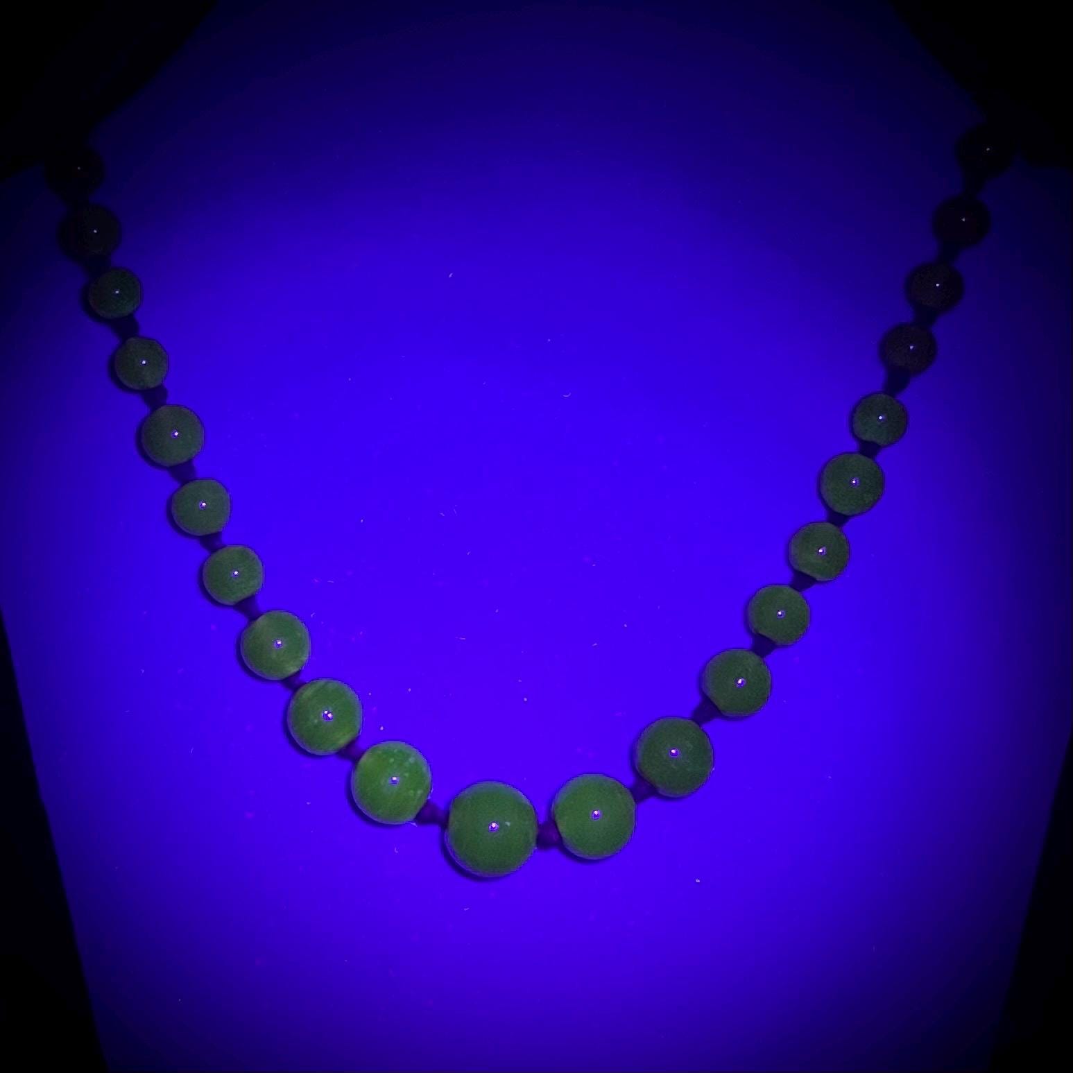 Vintage Carnelian Glass Uranium Graduated Round Bead Necklace Orange Hand Knotted Green / Yellow UV Reactive Glow 16” TheGreenGlassGemShop