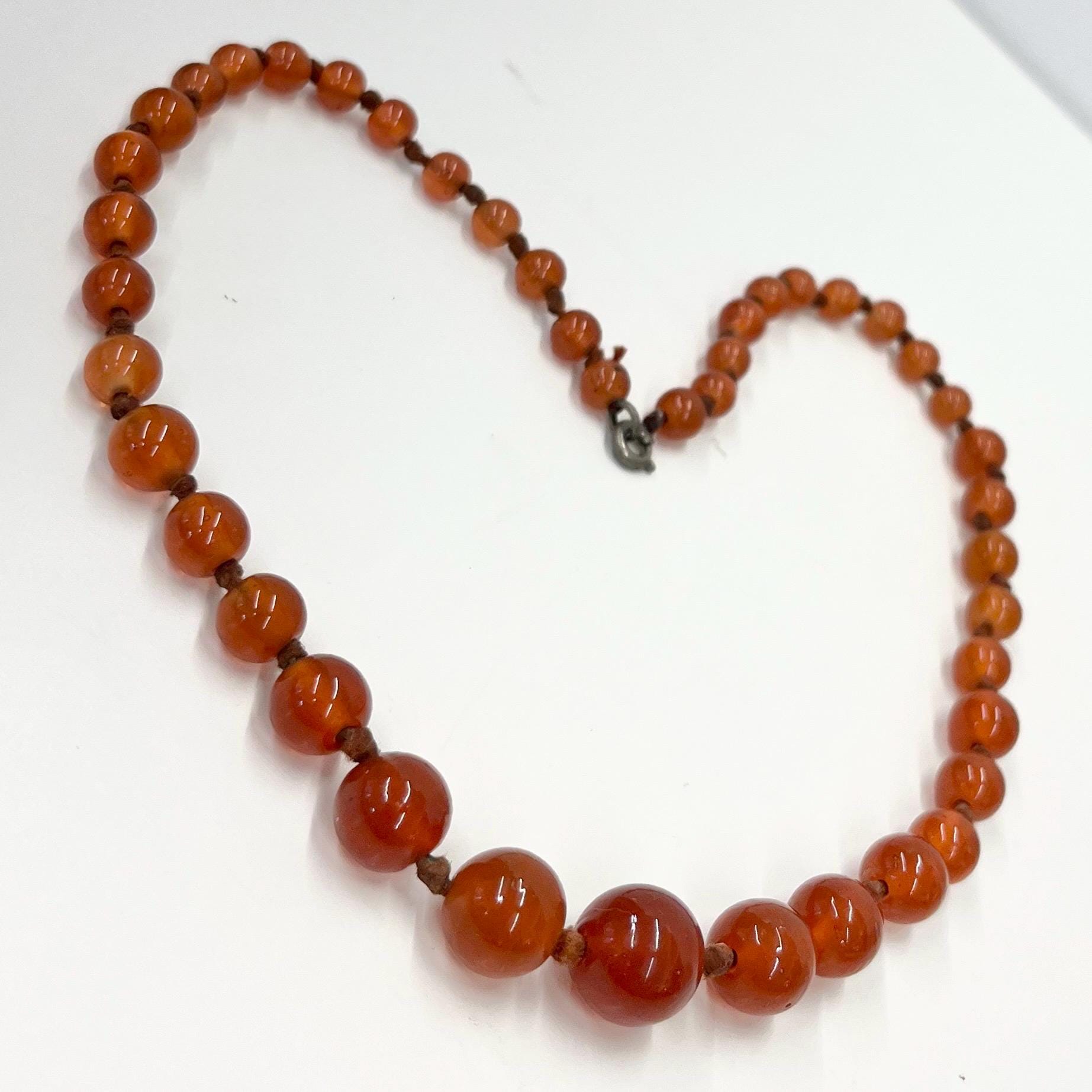 Vintage Carnelian Glass Uranium Graduated Round Bead Necklace Orange Hand Knotted Green / Yellow UV Reactive Glow 16” TheGreenGlassGemShop