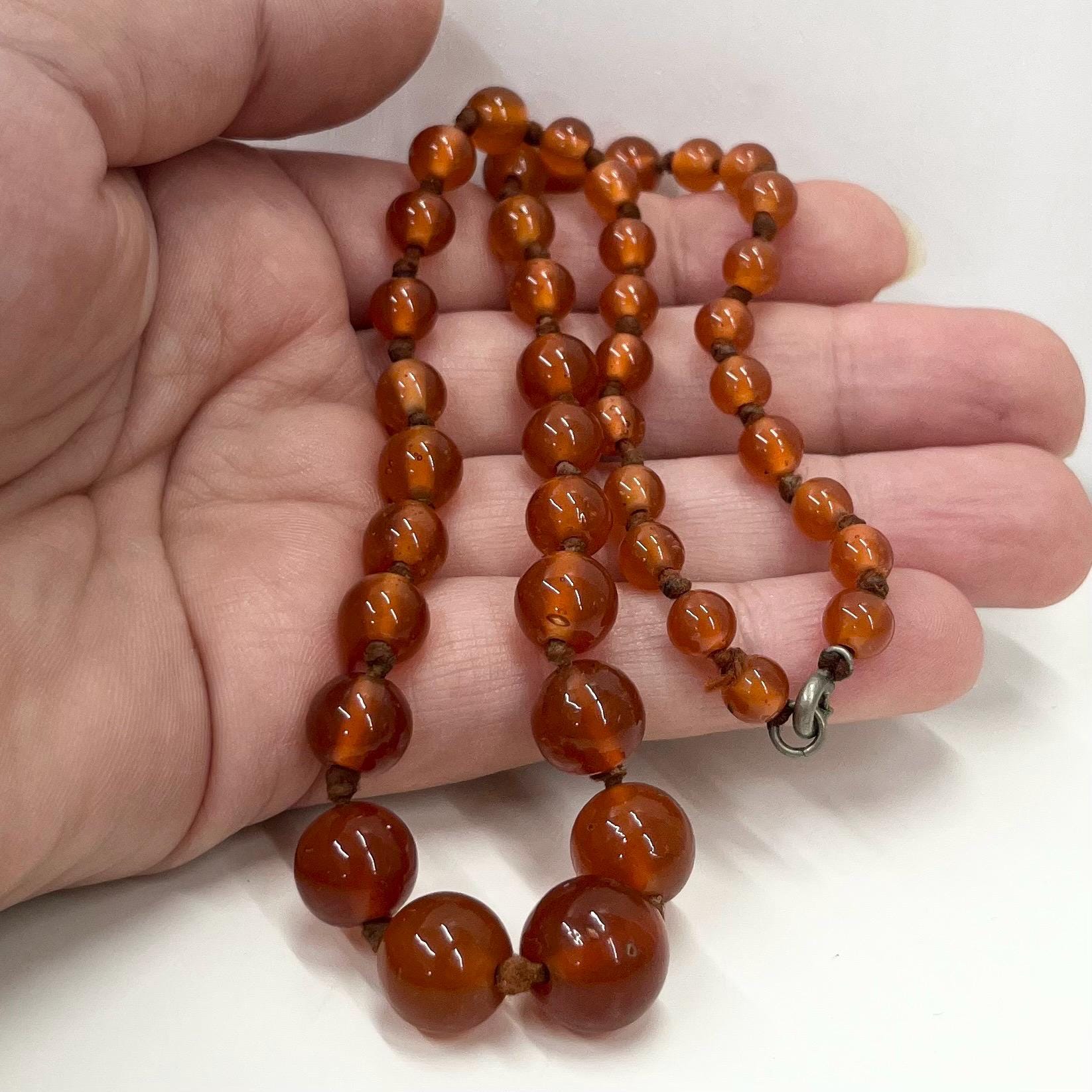 Vintage Carnelian Glass Uranium Graduated Round Bead Necklace Orange Hand Knotted Green / Yellow UV Reactive Glow 16” TheGreenGlassGemShop