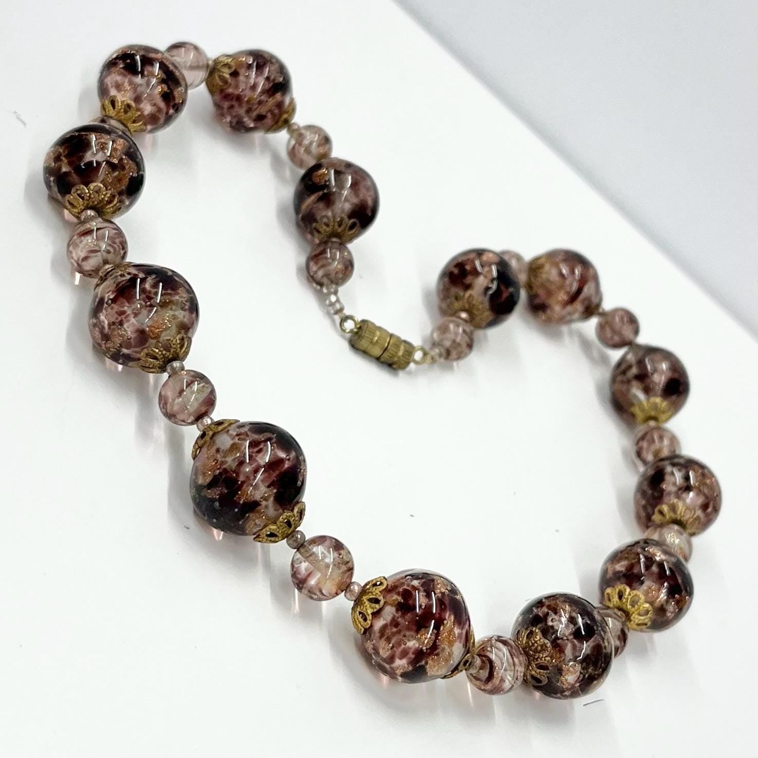 Vintage Light Amethyst Gold Aventurine Lampwork Glass Bead Necklace with Brass Filigree Bead Caps 16.5” Long Handmade Lampwork Beads TheGreenGlassGemShop