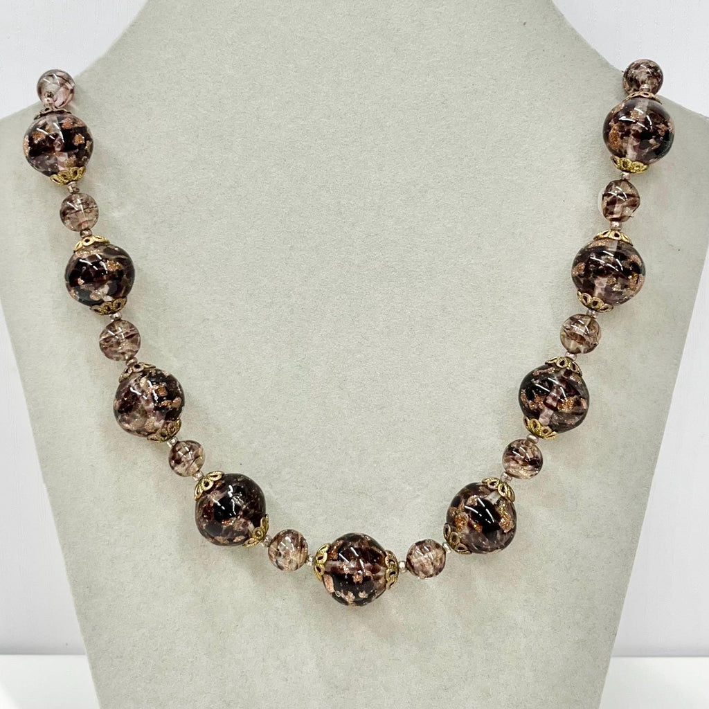 Vintage Light Amethyst Gold Aventurine Lampwork Glass Bead Necklace with Brass Filigree Bead Caps 16.5” Long Handmade Lampwork Beads TheGreenGlassGemShop