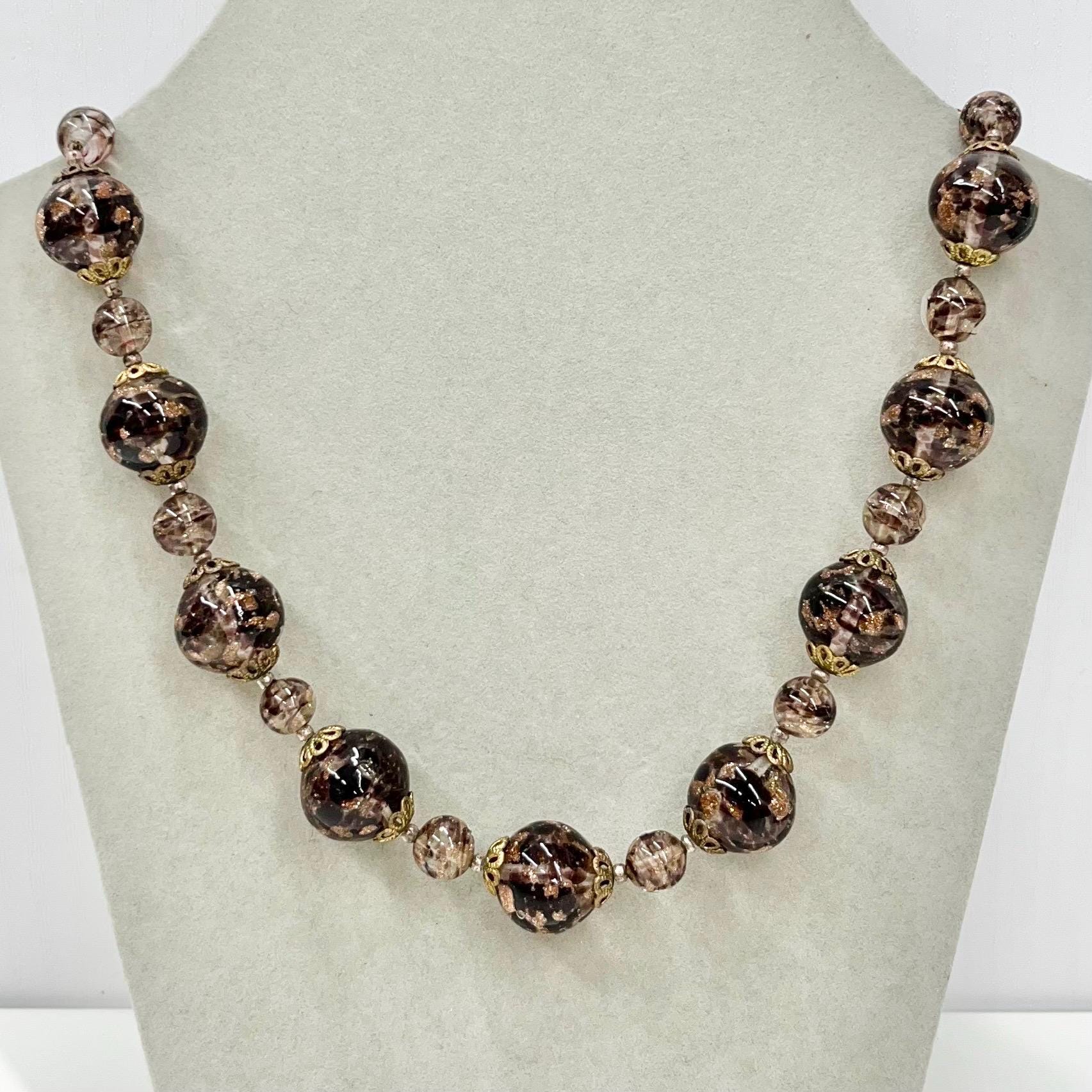 Vintage Light Amethyst Gold Aventurine Lampwork Glass Bead Necklace with Brass Filigree Bead Caps 16.5” Long Handmade Lampwork Beads TheGreenGlassGemShop