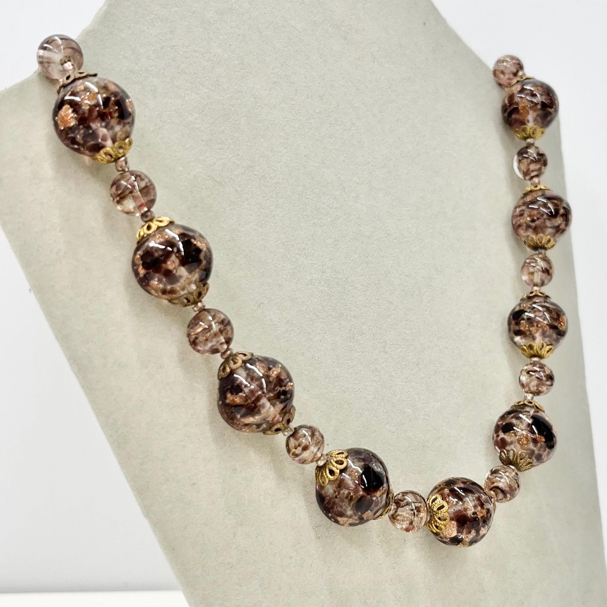 Vintage Light Amethyst Gold Aventurine Lampwork Glass Bead Necklace with Brass Filigree Bead Caps 16.5” Long Handmade Lampwork Beads TheGreenGlassGemShop