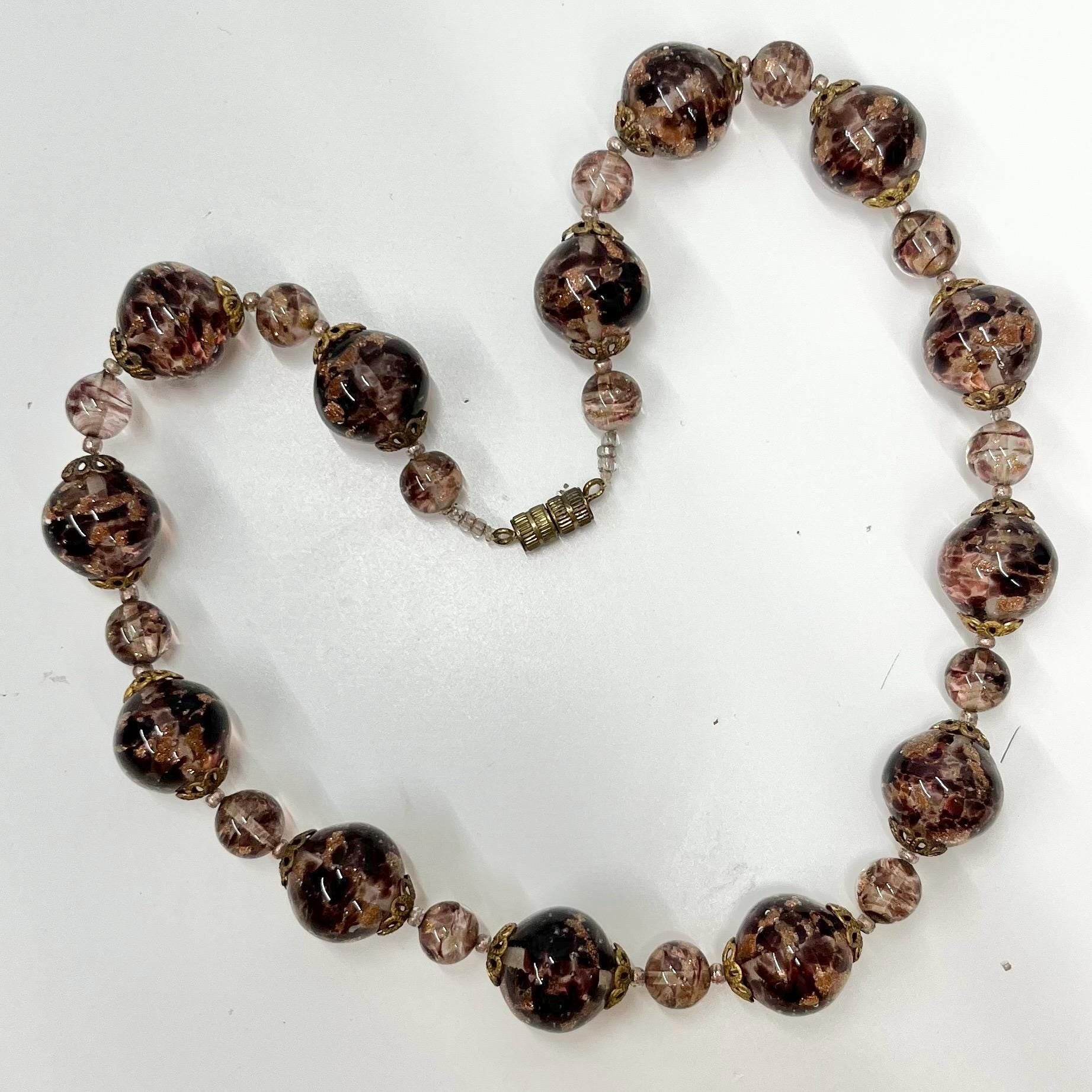 Vintage Light Amethyst Gold Aventurine Lampwork Glass Bead Necklace with Brass Filigree Bead Caps 16.5” Long Handmade Lampwork Beads TheGreenGlassGemShop