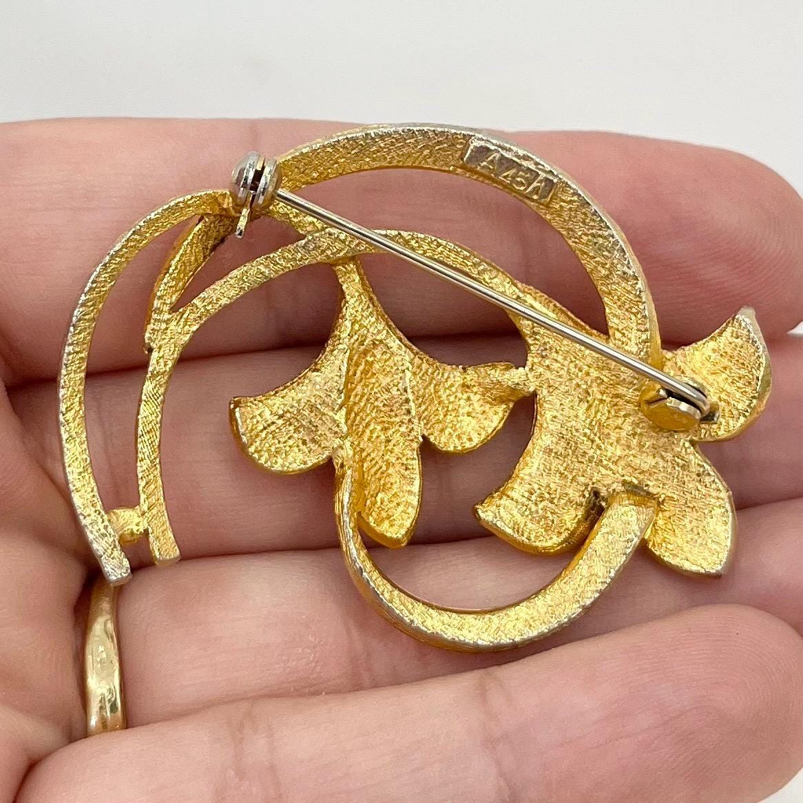 Vintage Gold Tone Floral Brutalist Style Brooch with Blue Marquise Cut Crystal Accents Contempory Costume Jewellery Statement Piece TheGreenGlassGemShop