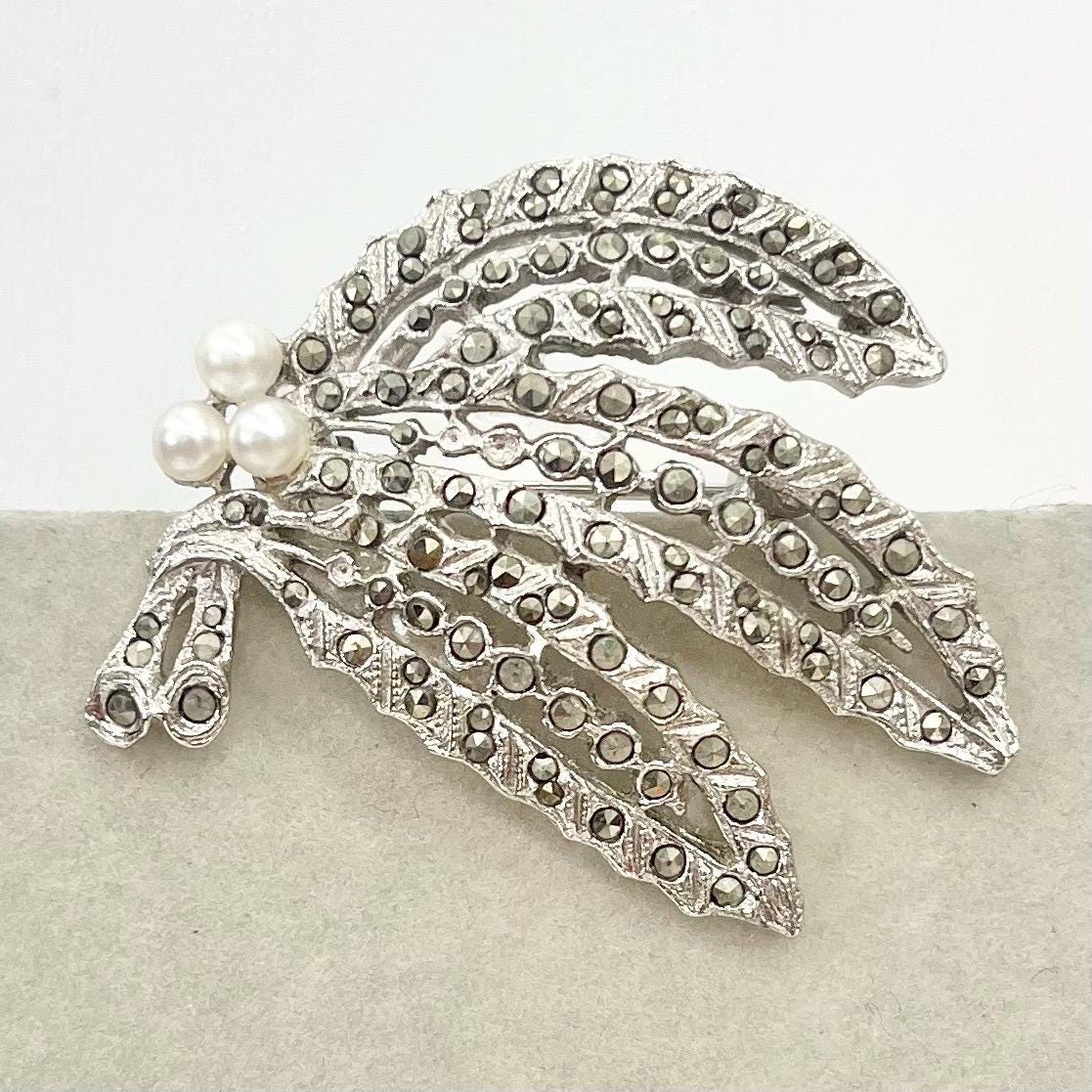 Vintage Silver Tone Marcasite Leaf Trio Brooch with Faux Pearl Accents Large Contempory Costume Jewellery Statement Piece TheGreenGlassGemShop