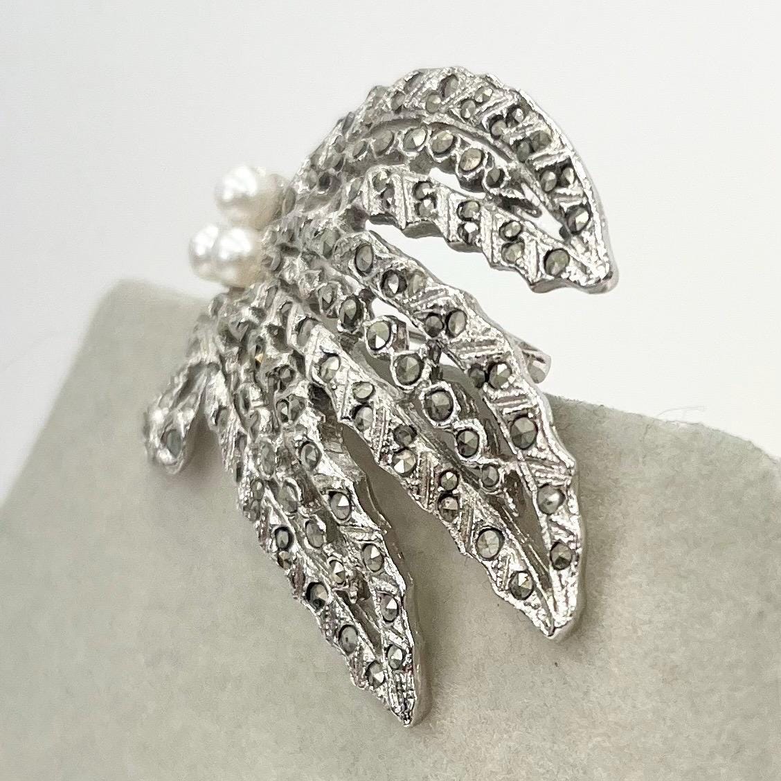 Vintage Silver Tone Marcasite Leaf Trio Brooch with Faux Pearl Accents Large Contempory Costume Jewellery Statement Piece TheGreenGlassGemShop