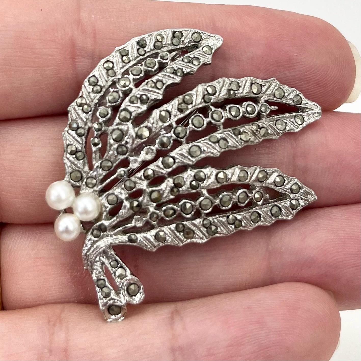 Vintage Silver Tone Marcasite Leaf Trio Brooch with Faux Pearl Accents Large Contempory Costume Jewellery Statement Piece TheGreenGlassGemShop