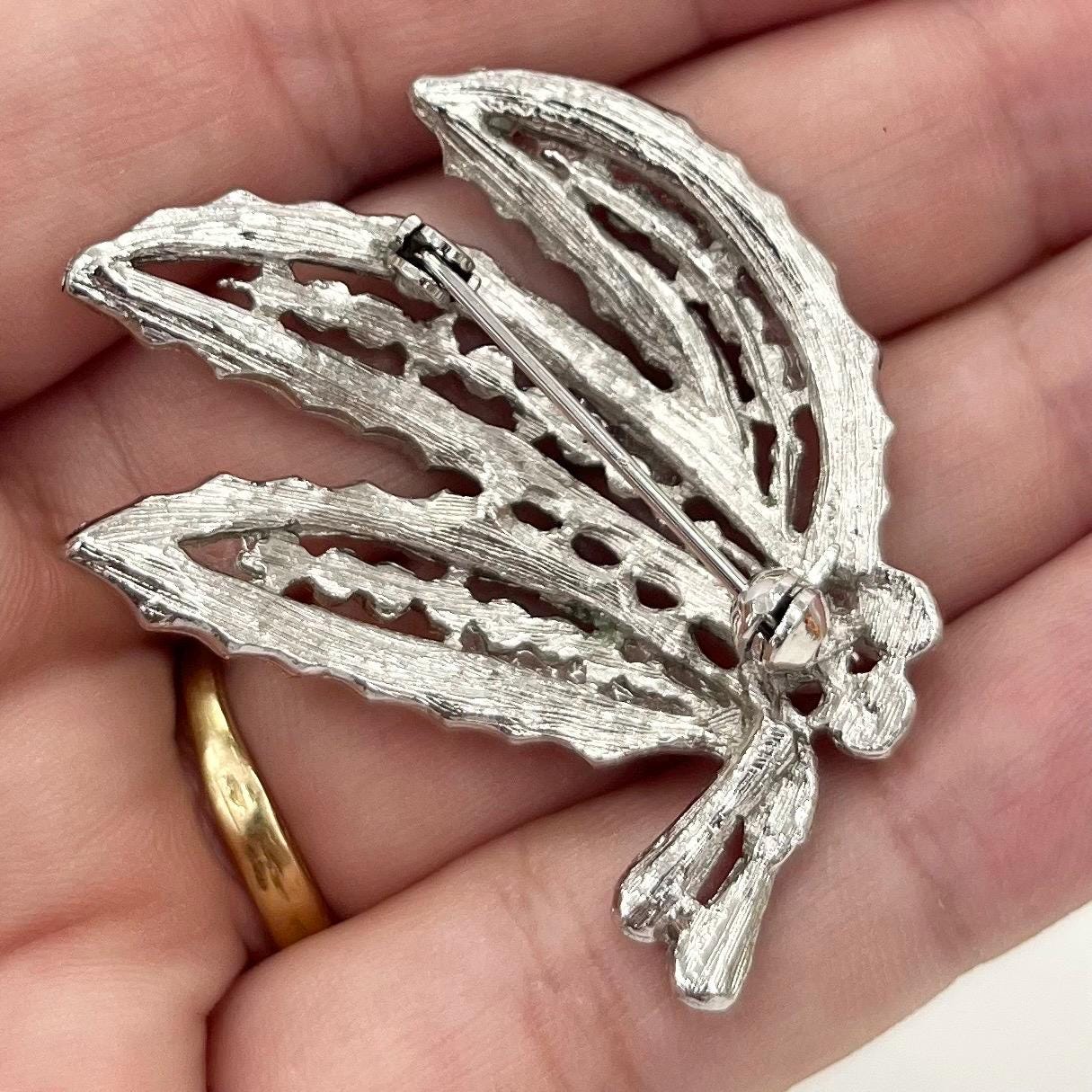 Vintage Silver Tone Marcasite Leaf Trio Brooch with Faux Pearl Accents Large Contempory Costume Jewellery Statement Piece TheGreenGlassGemShop