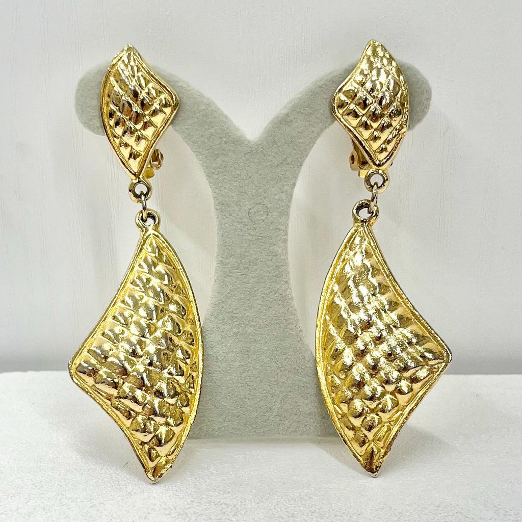 Vintage Large Gold Plate Triangular Drop Clip On Earrings Hollywood Glamour Statement Earrings TheGreenGlassGemShop
