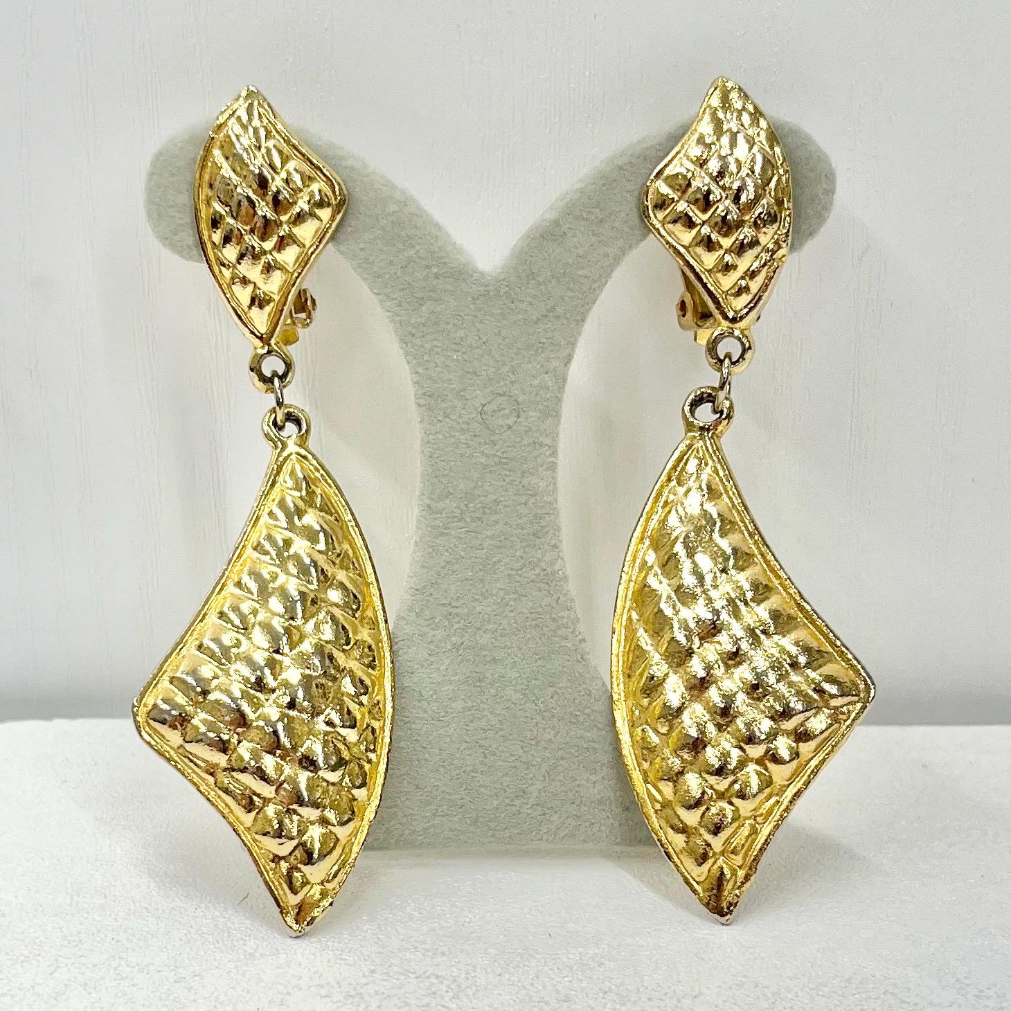 Vintage Large Gold Plate Triangular Drop Clip On Earrings Hollywood Glamour Statement Earrings TheGreenGlassGemShop