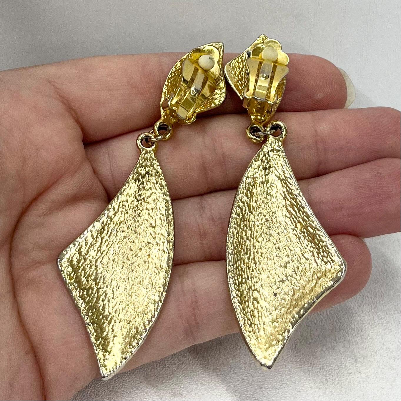 Vintage Large Gold Plate Triangular Drop Clip On Earrings Hollywood Glamour Statement Earrings TheGreenGlassGemShop