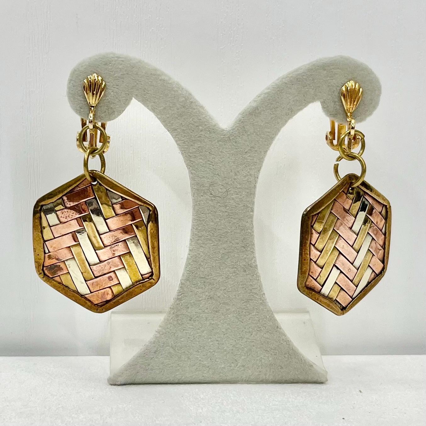 Vintage Copper Gold & Silver Plate Woven Hexagon Drop Clip On Earrings Hollywood Glamour Statement Three Colour Earrings TheGreenGlassGemShop