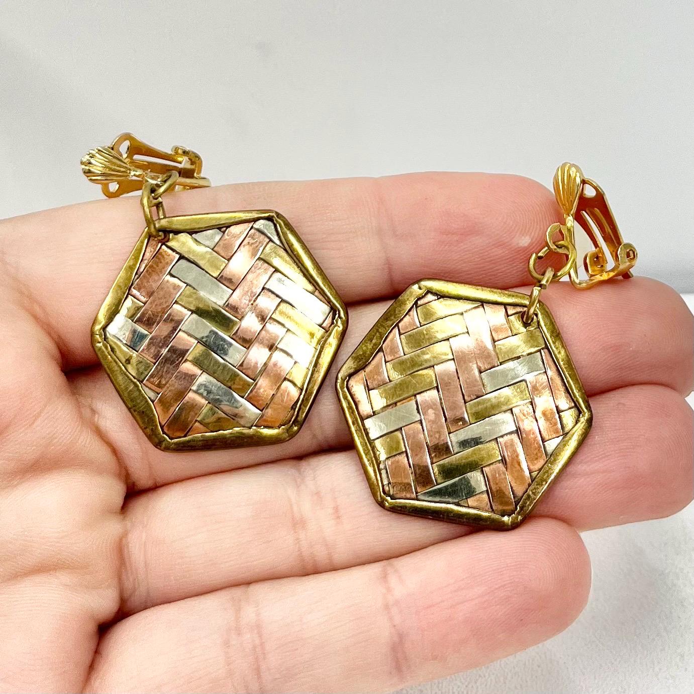 Vintage Copper Gold & Silver Plate Woven Hexagon Drop Clip On Earrings Hollywood Glamour Statement Three Colour Earrings TheGreenGlassGemShop