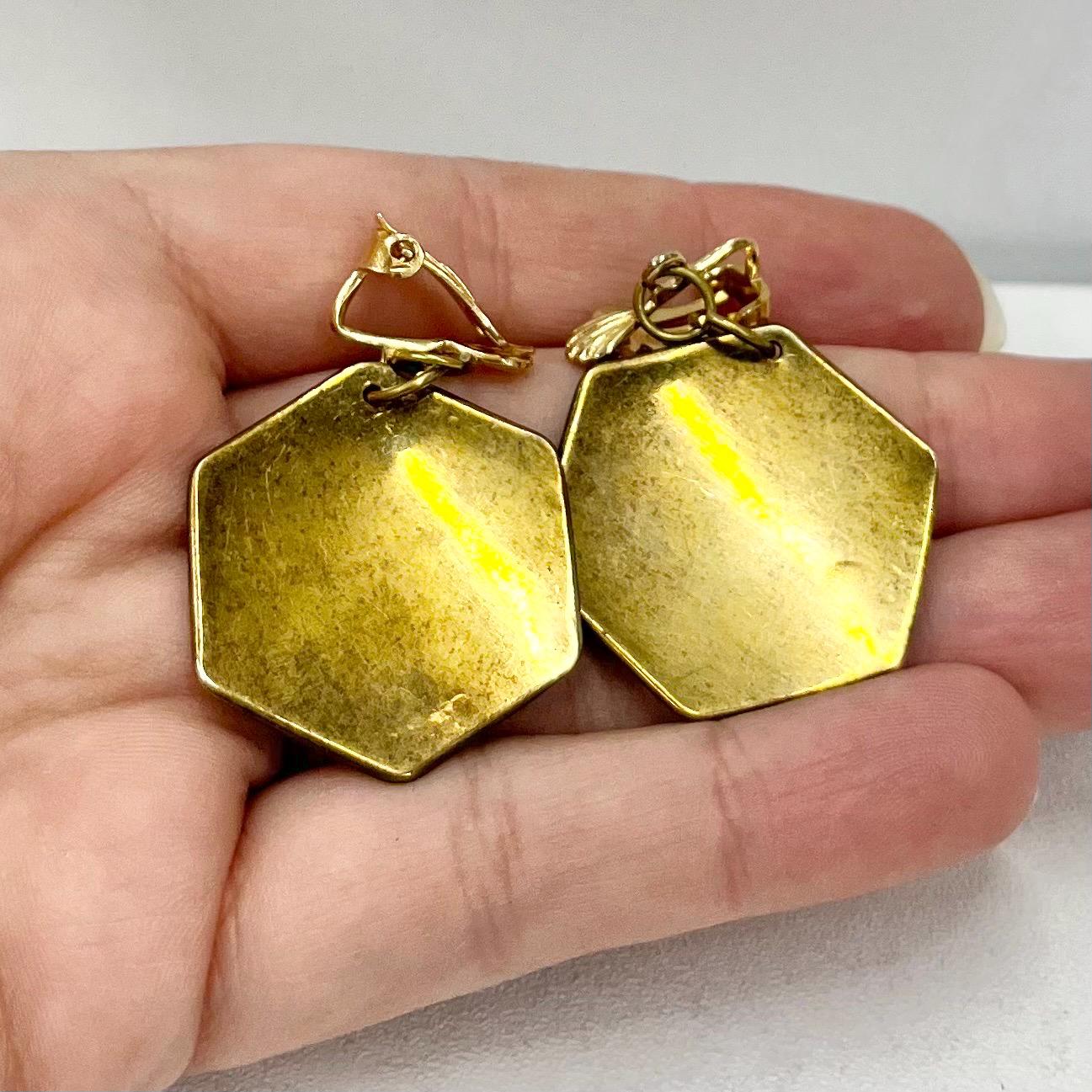 Vintage Copper Gold & Silver Plate Woven Hexagon Drop Clip On Earrings Hollywood Glamour Statement Three Colour Earrings TheGreenGlassGemShop
