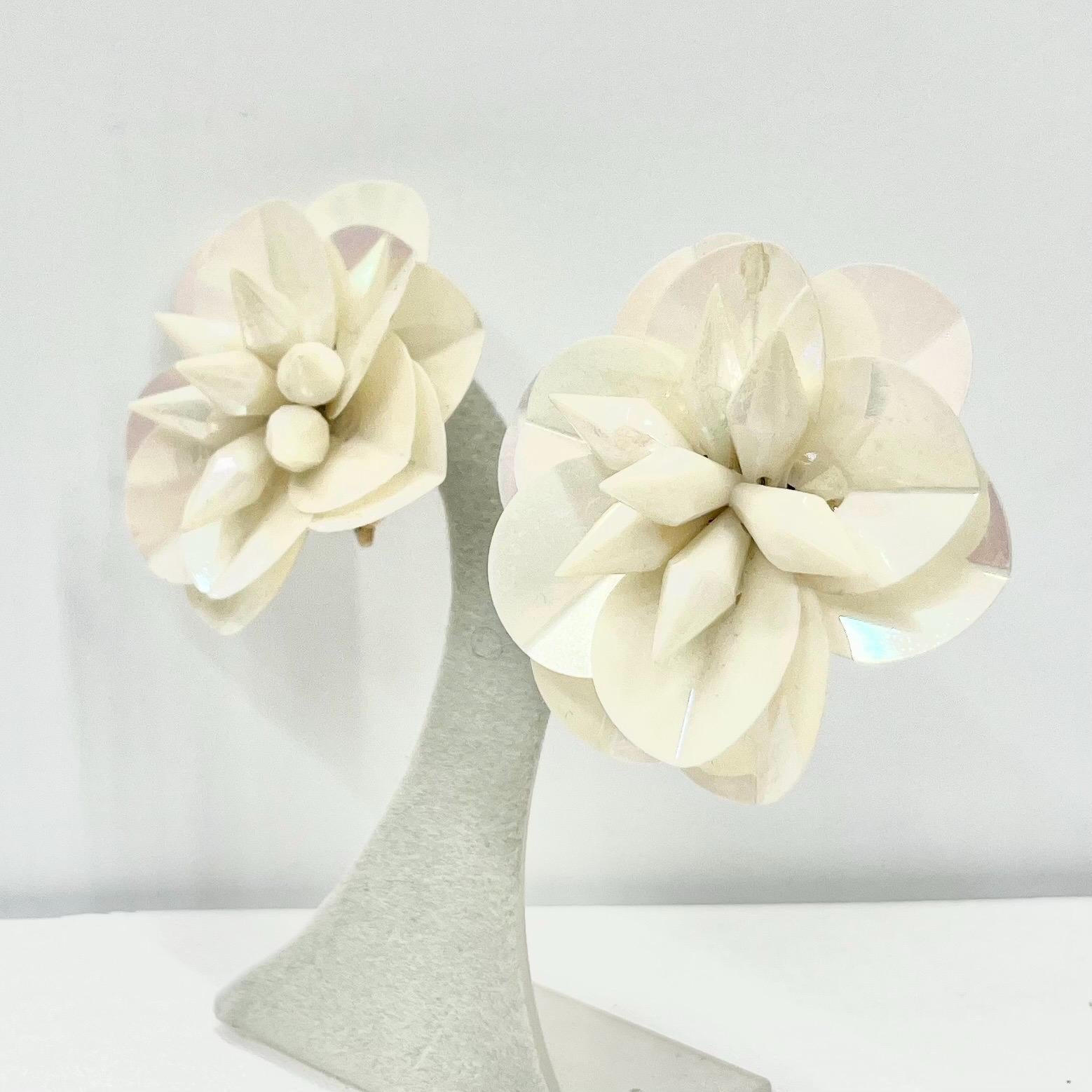 Vintage Large Cream Pink Iridescent Sequin Flower Clip On Earrings Hollywood Glamour Statement Earrings TheGreenGlassGemShop