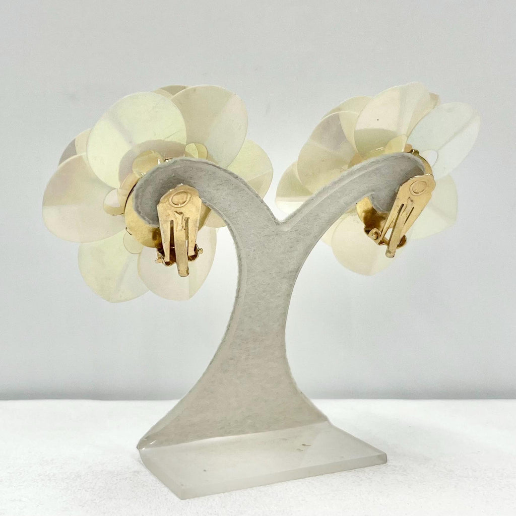 Vintage Large Cream Pink Iridescent Sequin Flower Clip On Earrings Hollywood Glamour Statement Earrings TheGreenGlassGemShop