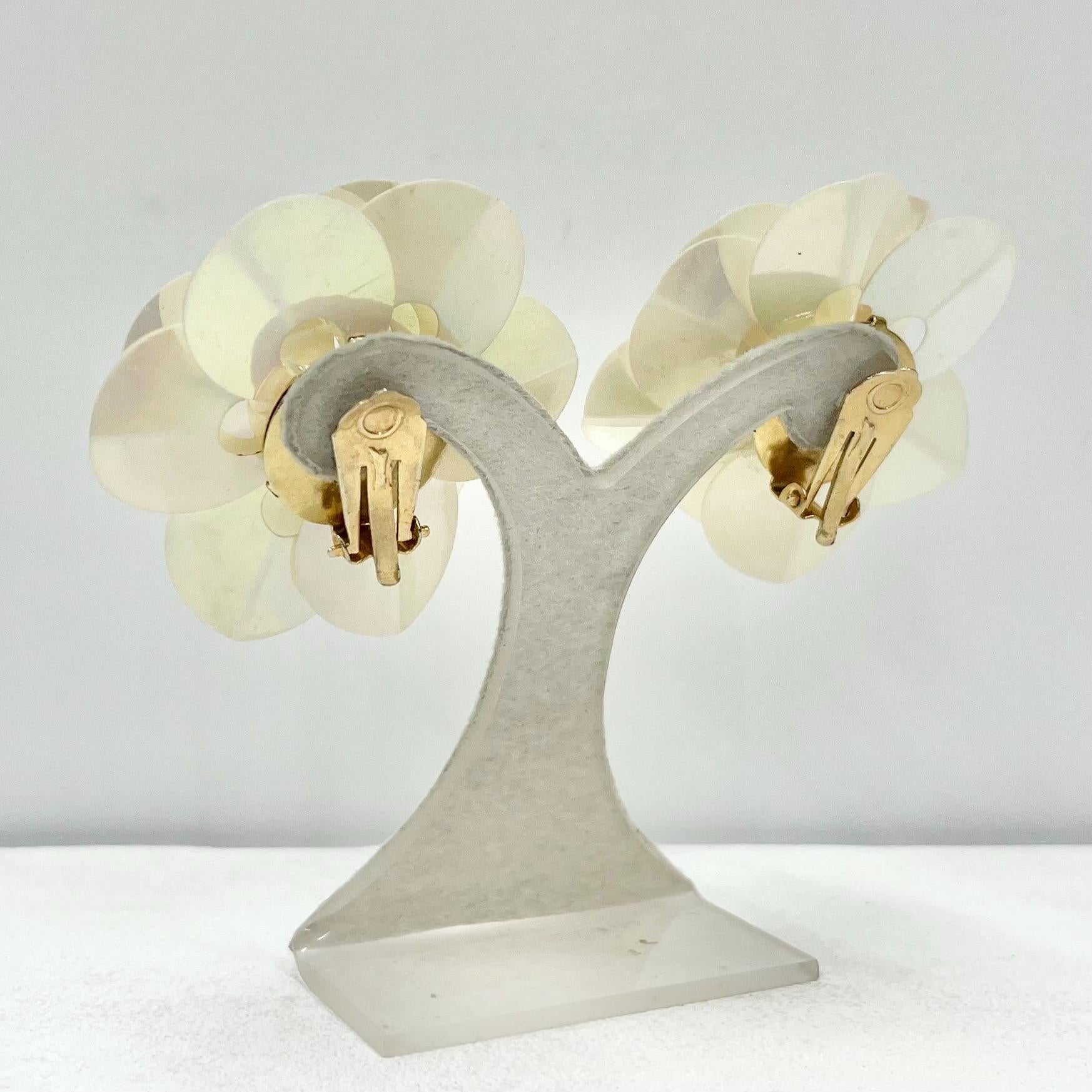 Vintage Large Cream Pink Iridescent Sequin Flower Clip On Earrings Hollywood Glamour Statement Earrings TheGreenGlassGemShop