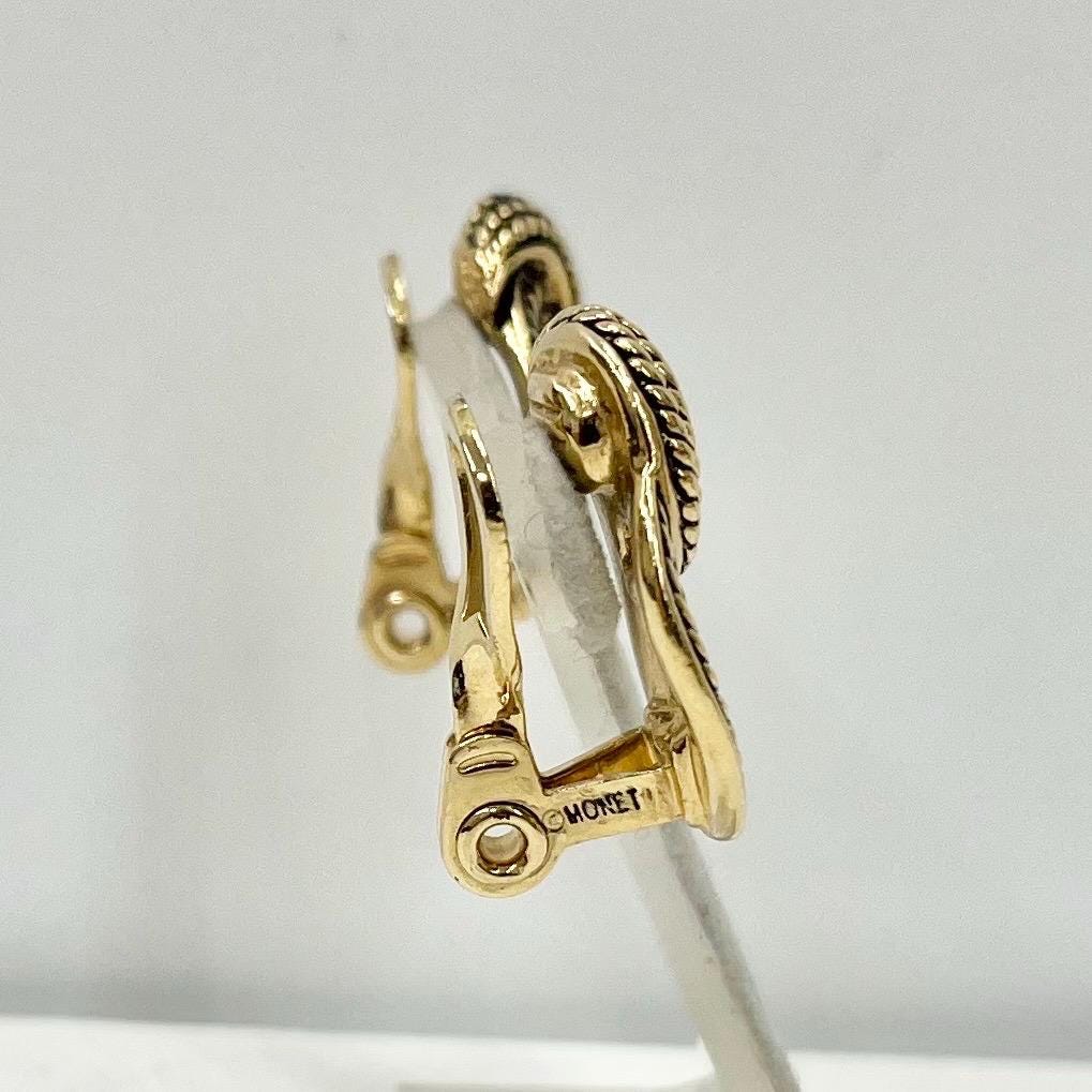 Vintage Monet Gold Tone Rope Twist Ring Drop Clip On Earrings Designer Monet Earrings TheGreenGlassGemShop