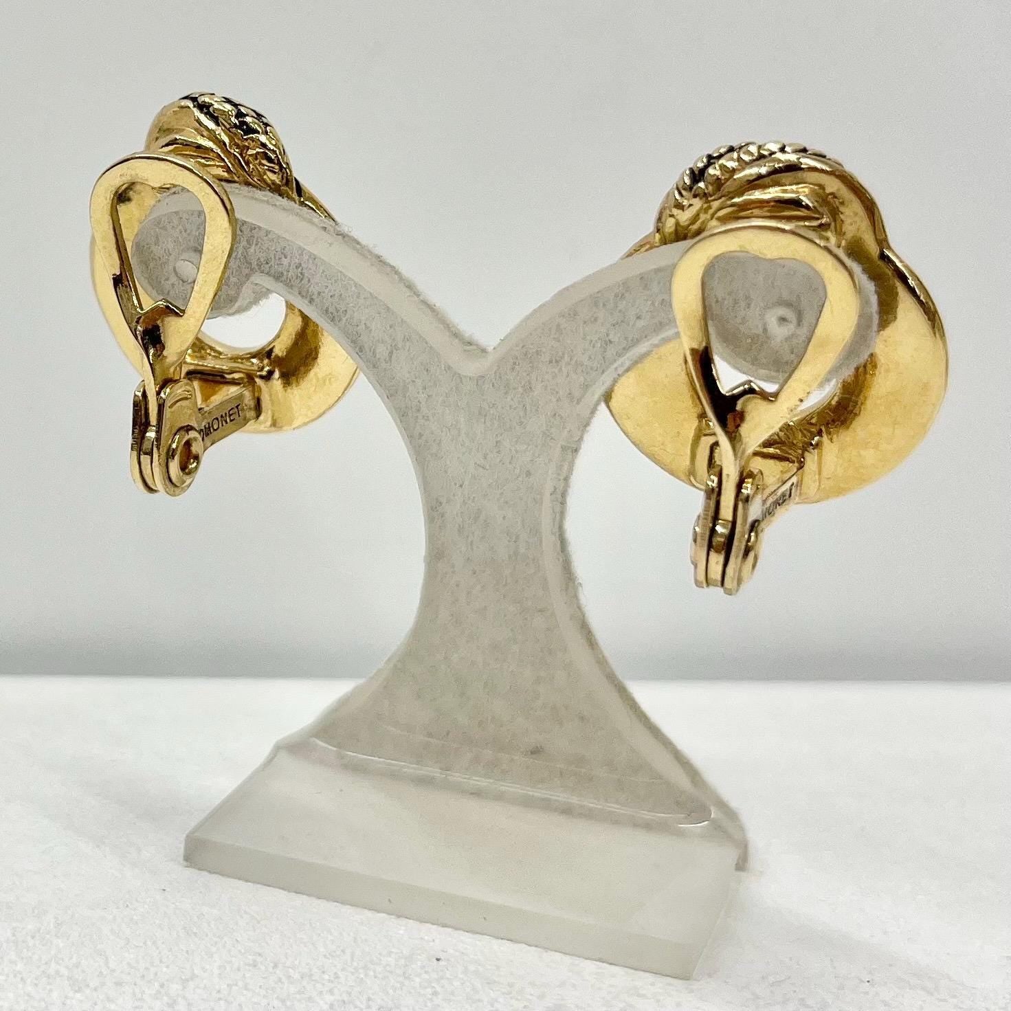 Vintage Monet Gold Tone Rope Twist Ring Drop Clip On Earrings Designer Monet Earrings TheGreenGlassGemShop