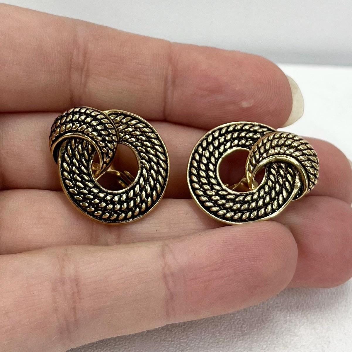 Vintage Monet Gold Tone Rope Twist Ring Drop Clip On Earrings Designer Monet Earrings TheGreenGlassGemShop
