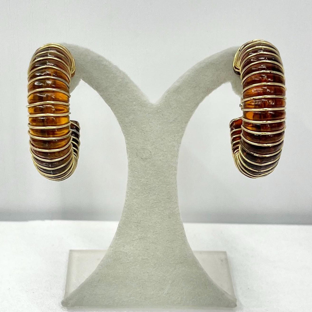 Vintage Chunky Amber Effect Clip On Hoop Earrings Wire Wrapped Acrylic Amber Earrings TheGreenGlassGemShop