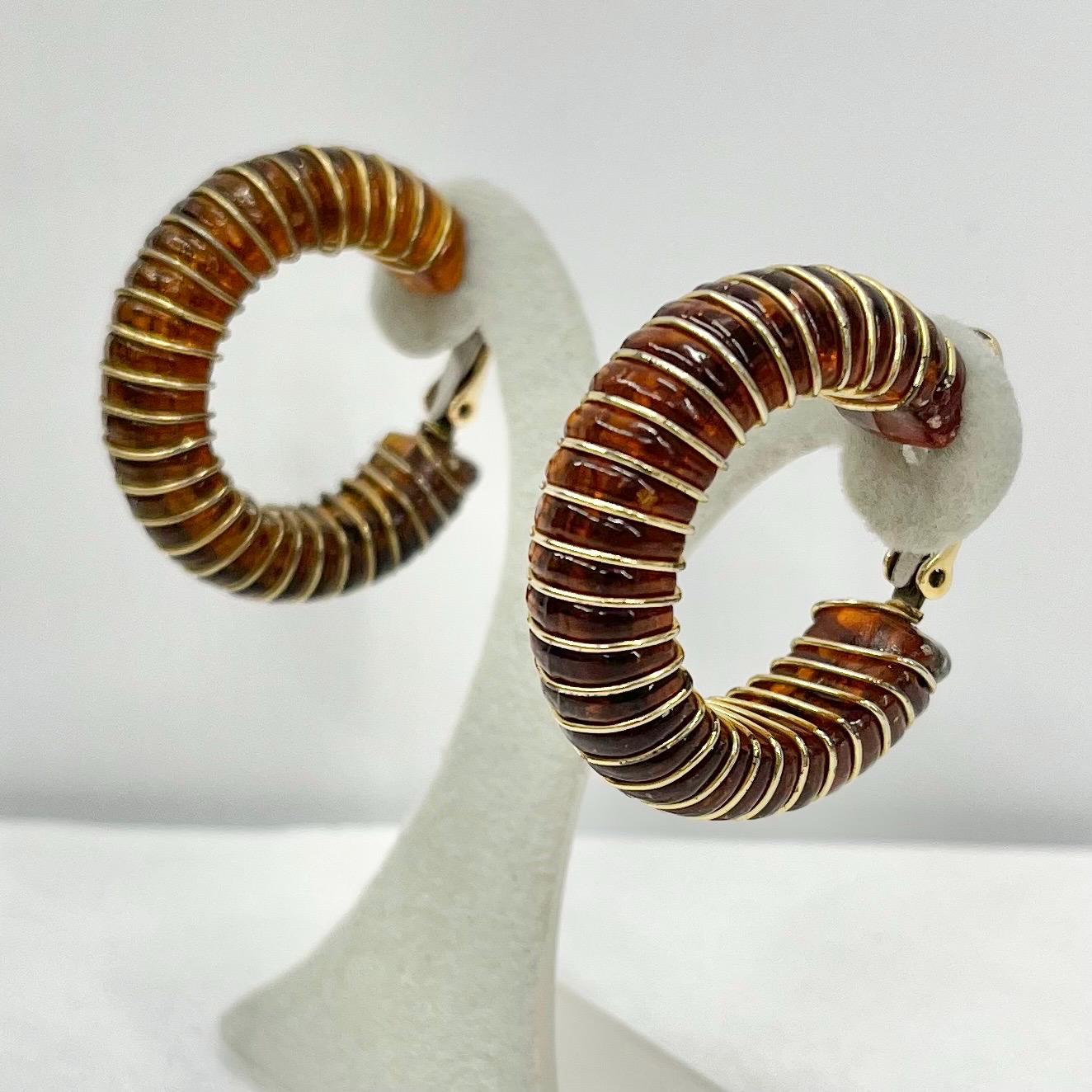 Vintage Chunky Amber Effect Clip On Hoop Earrings Wire Wrapped Acrylic Amber Earrings TheGreenGlassGemShop