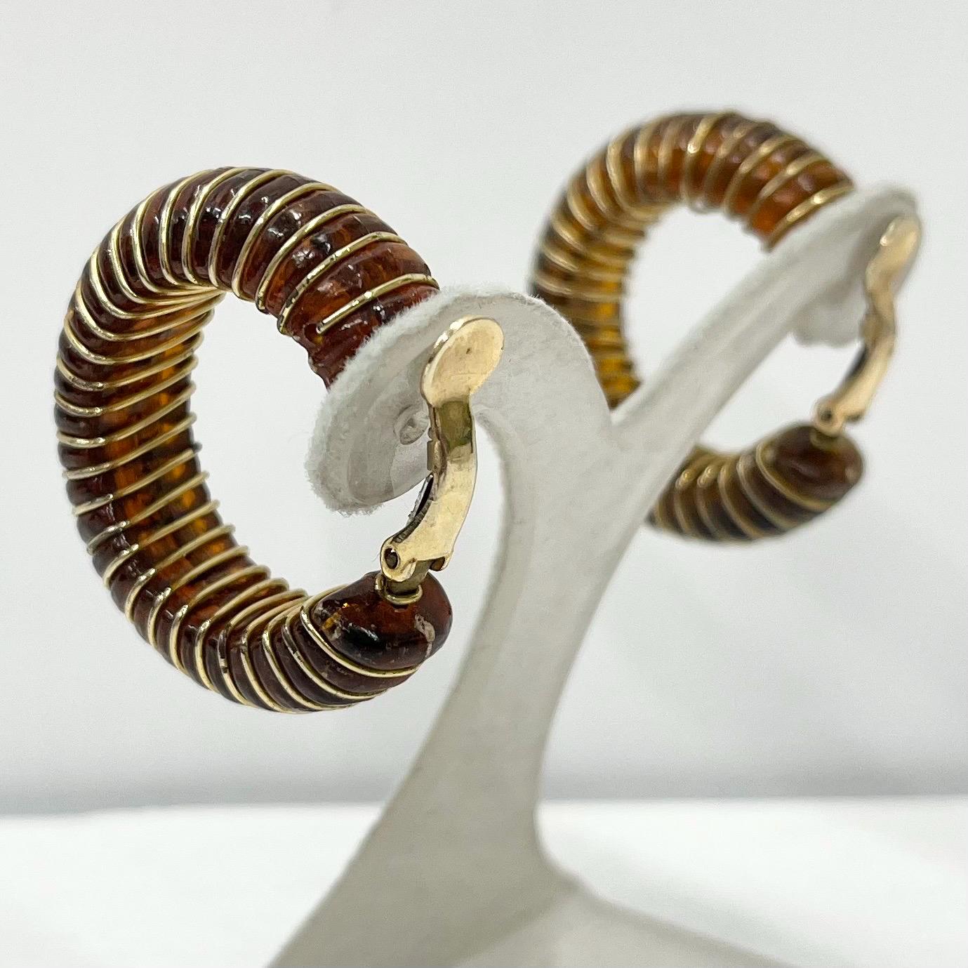 Vintage Chunky Amber Effect Clip On Hoop Earrings Wire Wrapped Acrylic Amber Earrings TheGreenGlassGemShop