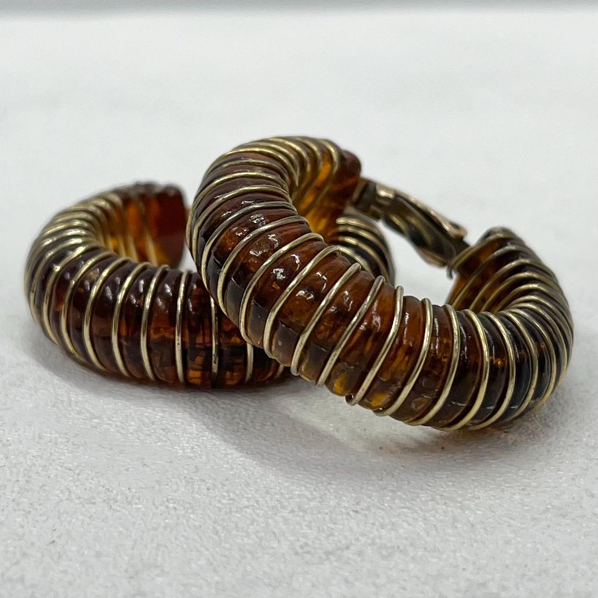 Vintage Chunky Amber Effect Clip On Hoop Earrings Wire Wrapped Acrylic Amber Earrings TheGreenGlassGemShop