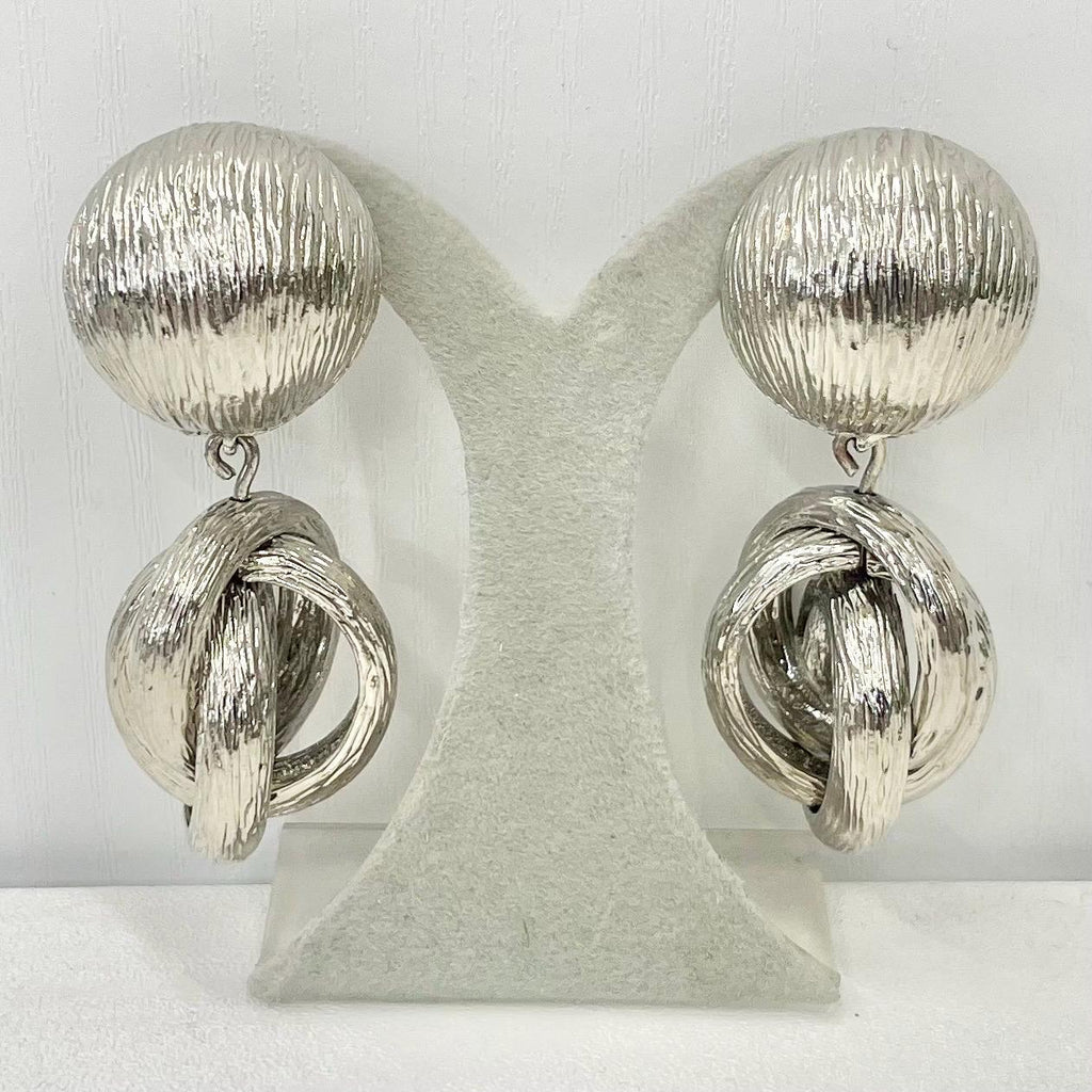 Vintage Style Chunky Silver Tone Textured Knot Drop Long Stux Earrings Statement Style Jewellery TheGreenGlassGemShop