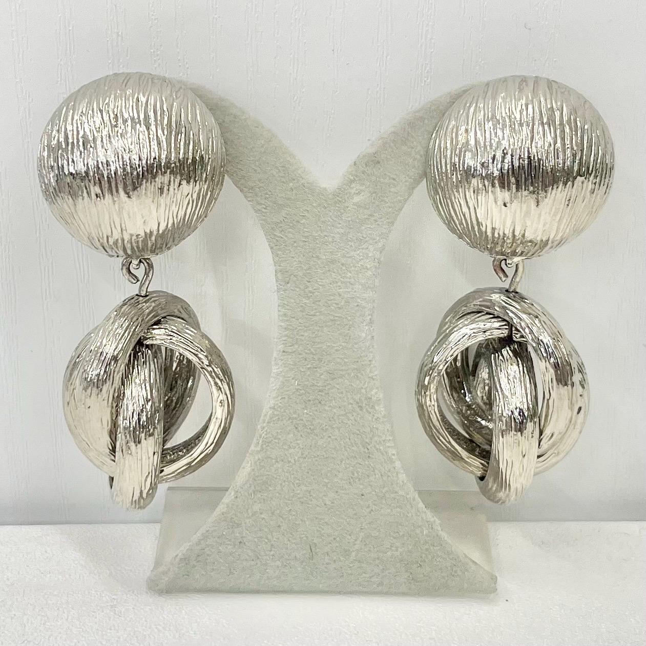 Vintage Style Chunky Silver Tone Textured Knot Drop Long Stux Earrings Statement Style Jewellery TheGreenGlassGemShop
