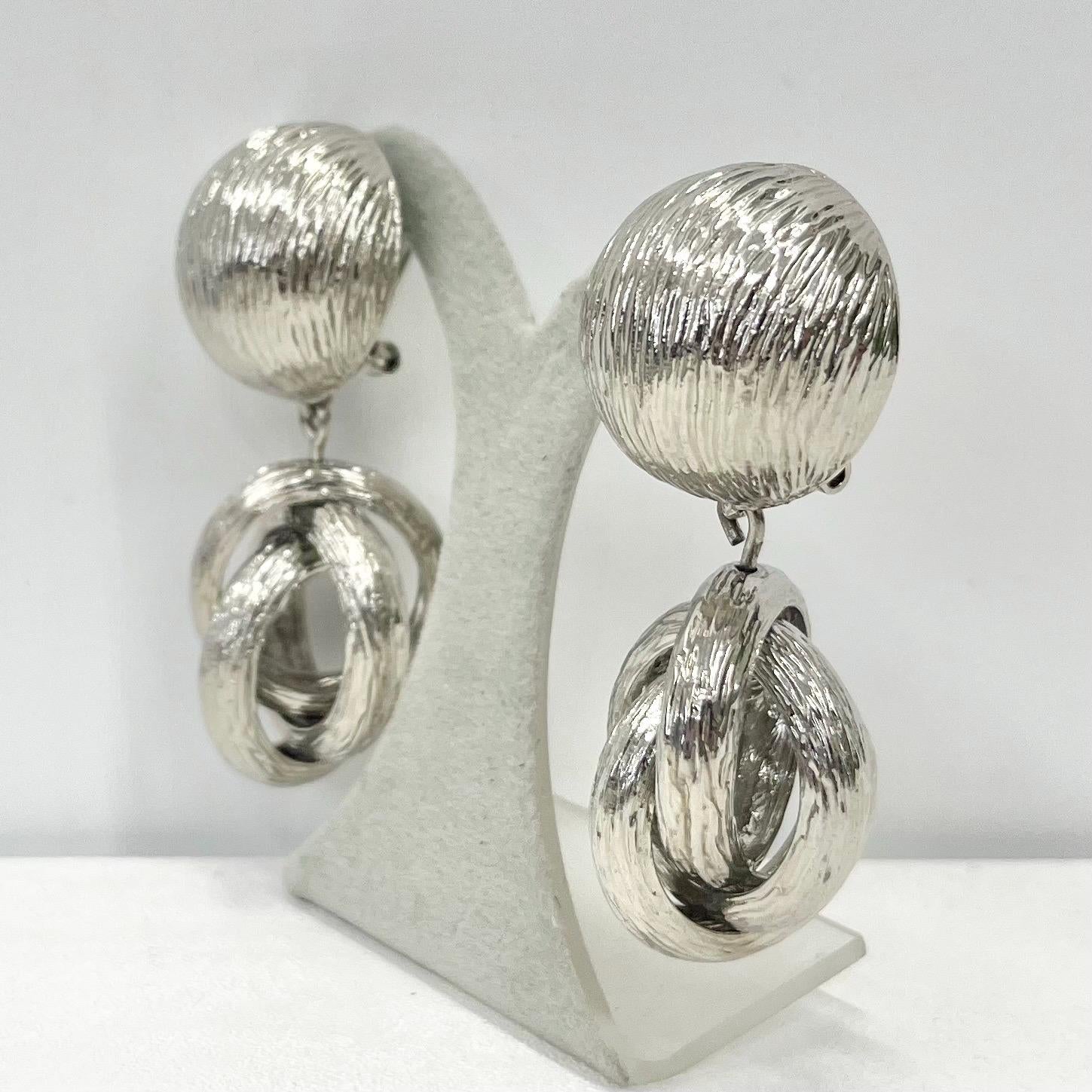 Vintage Style Chunky Silver Tone Textured Knot Drop Long Stux Earrings Statement Style Jewellery TheGreenGlassGemShop