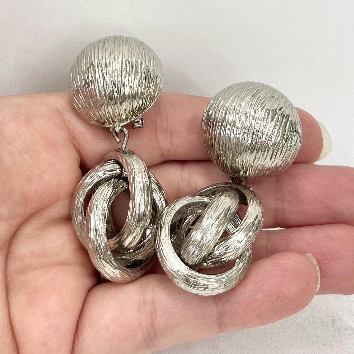 Vintage Style Chunky Silver Tone Textured Knot Drop Long Stux Earrings Statement Style Jewellery TheGreenGlassGemShop