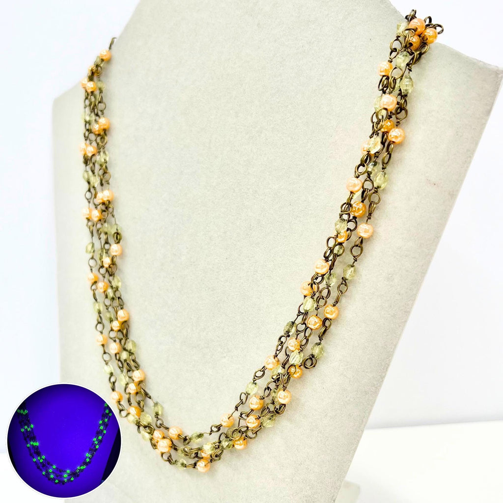 Vintage 70” Long Uranium Glass Bead & Peach Glass Necklace Dainty 20’s 30’s Flapper Beaded Chain Link UV Reactive Glow Jewellery Art Deco TheGreenGlassGemShop