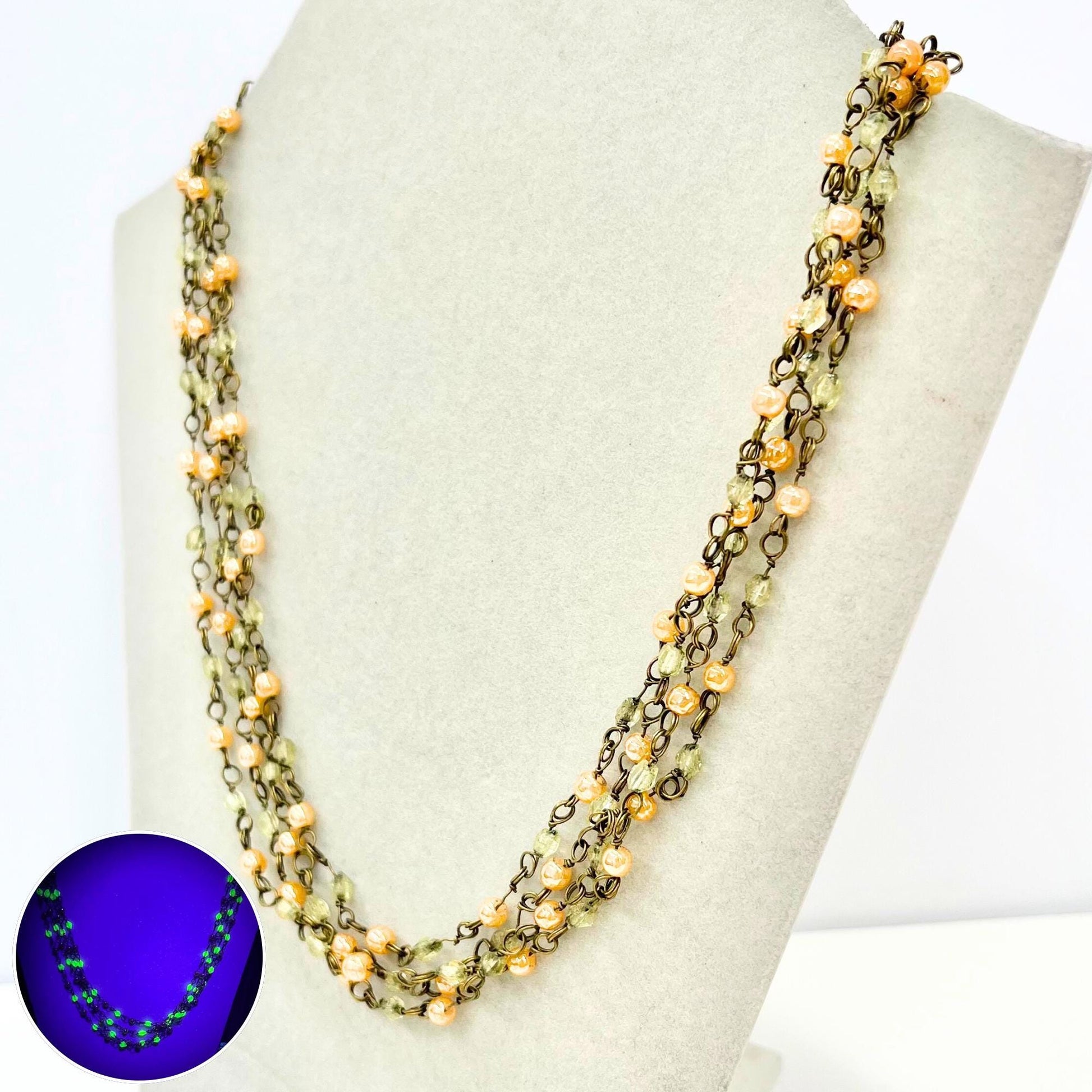 Vintage 70” Long Uranium Glass Bead & Peach Glass Necklace Dainty 20’s 30’s Flapper Beaded Chain Link UV Reactive Glow Jewellery Art Deco TheGreenGlassGemShop