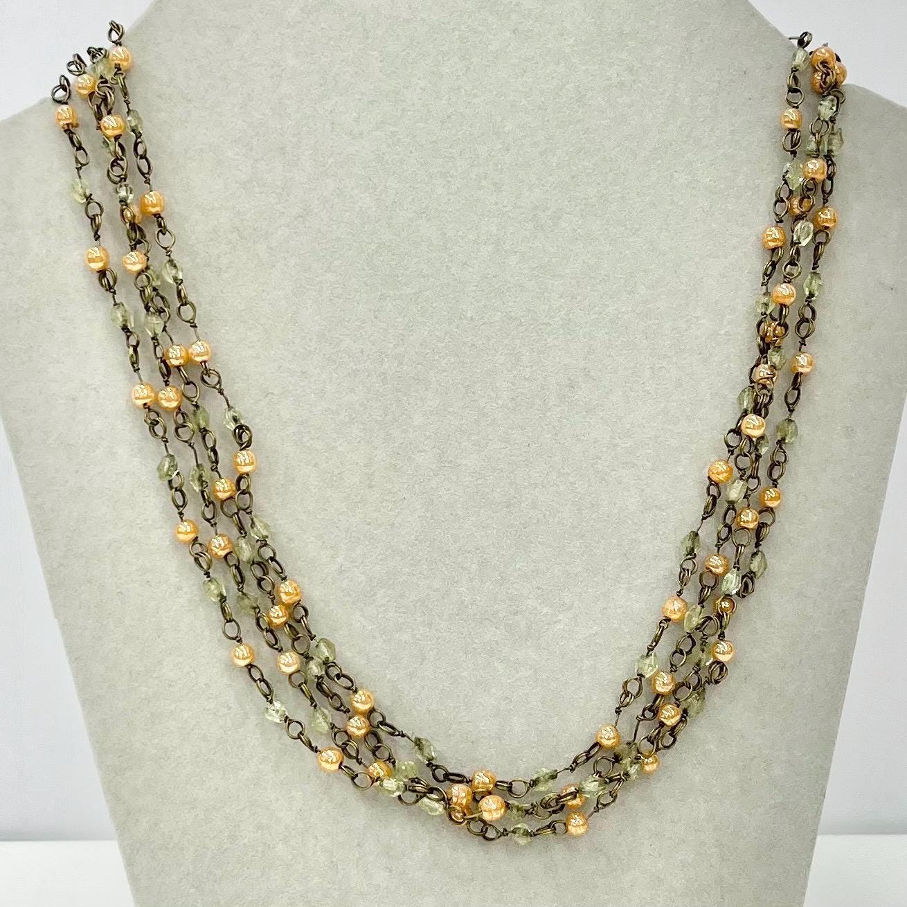 Vintage 70” Long Uranium Glass Bead & Peach Glass Necklace Dainty 20’s 30’s Flapper Beaded Chain Link UV Reactive Glow Jewellery Art Deco TheGreenGlassGemShop