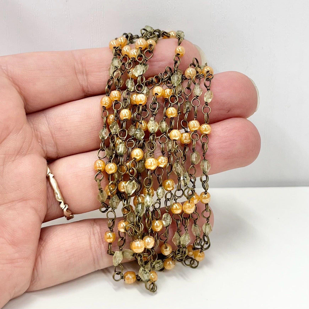 Vintage 70” Long Uranium Glass Bead & Peach Glass Necklace Dainty 20’s 30’s Flapper Beaded Chain Link UV Reactive Glow Jewellery Art Deco TheGreenGlassGemShop