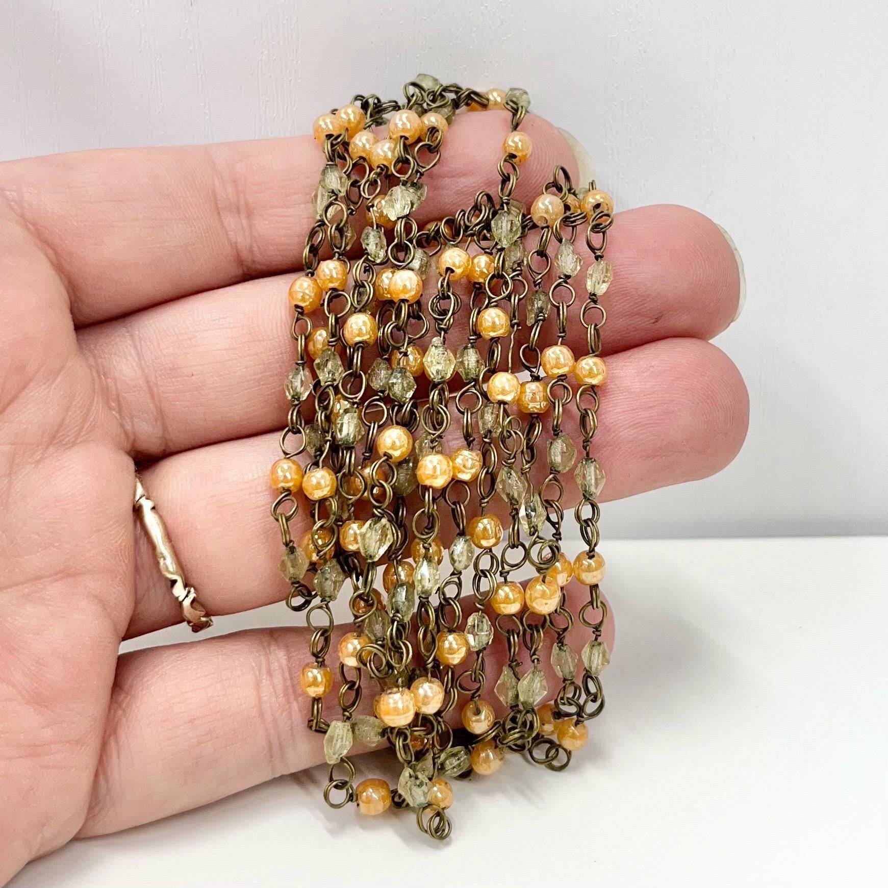 Vintage 70” Long Uranium Glass Bead & Peach Glass Necklace Dainty 20’s 30’s Flapper Beaded Chain Link UV Reactive Glow Jewellery Art Deco TheGreenGlassGemShop
