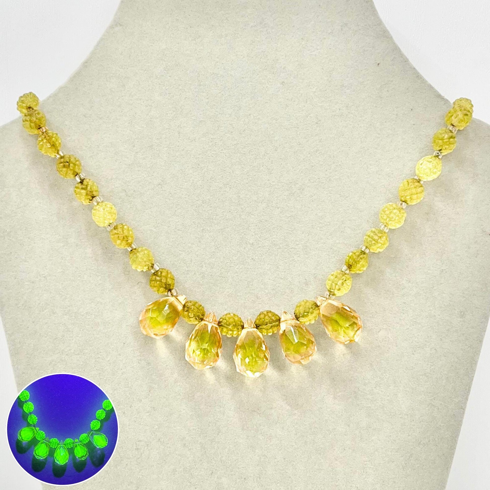 Art Deco Bi Colour Peach Green Uranium Glass Crystal Bead Drop Necklace Bright Green UV Reactive Glow Jewellery 16” Long TheGreenGlassGemShop