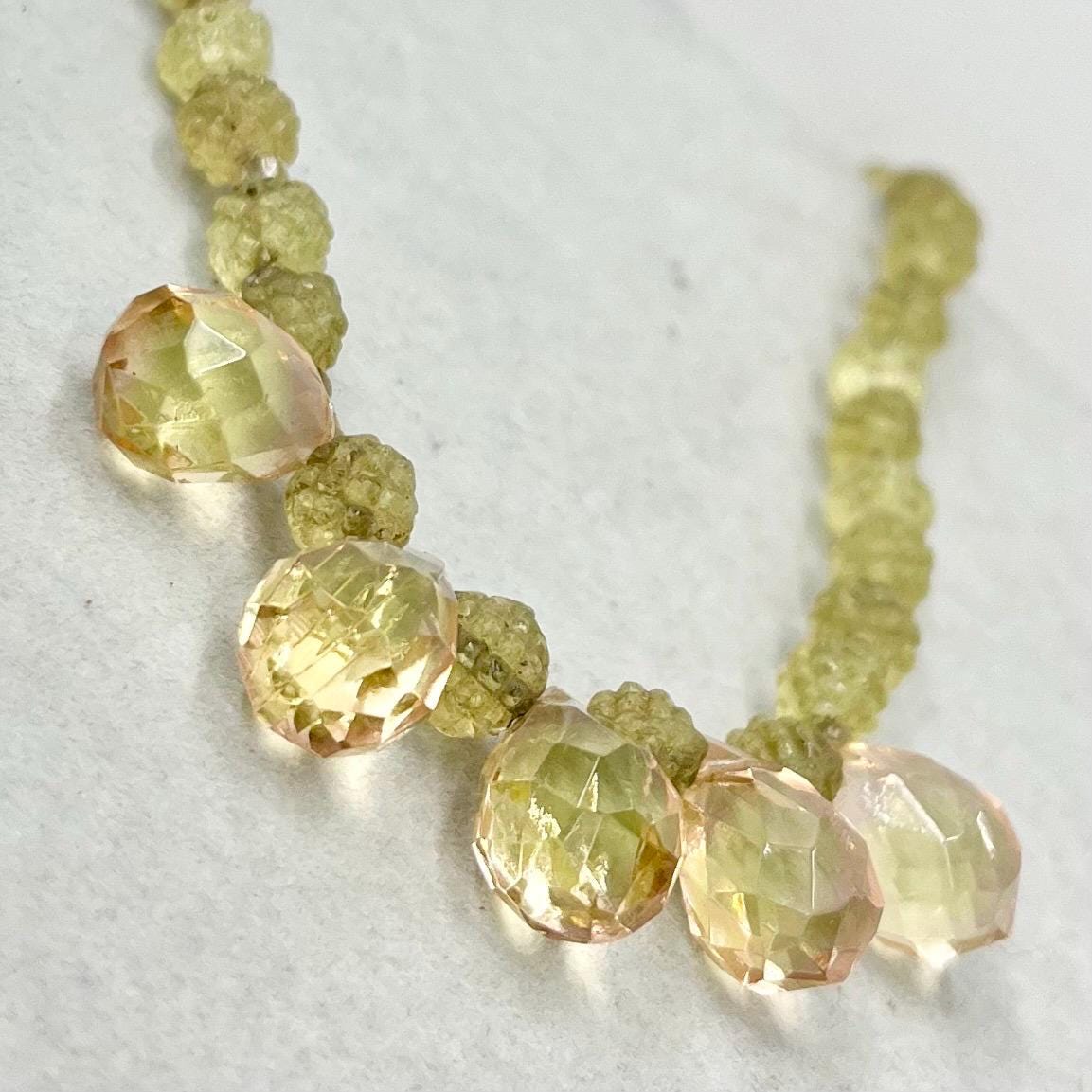 Art Deco Bi Colour Peach Green Uranium Glass Crystal Bead Drop Necklace Bright Green UV Reactive Glow Jewellery 16” Long TheGreenGlassGemShop