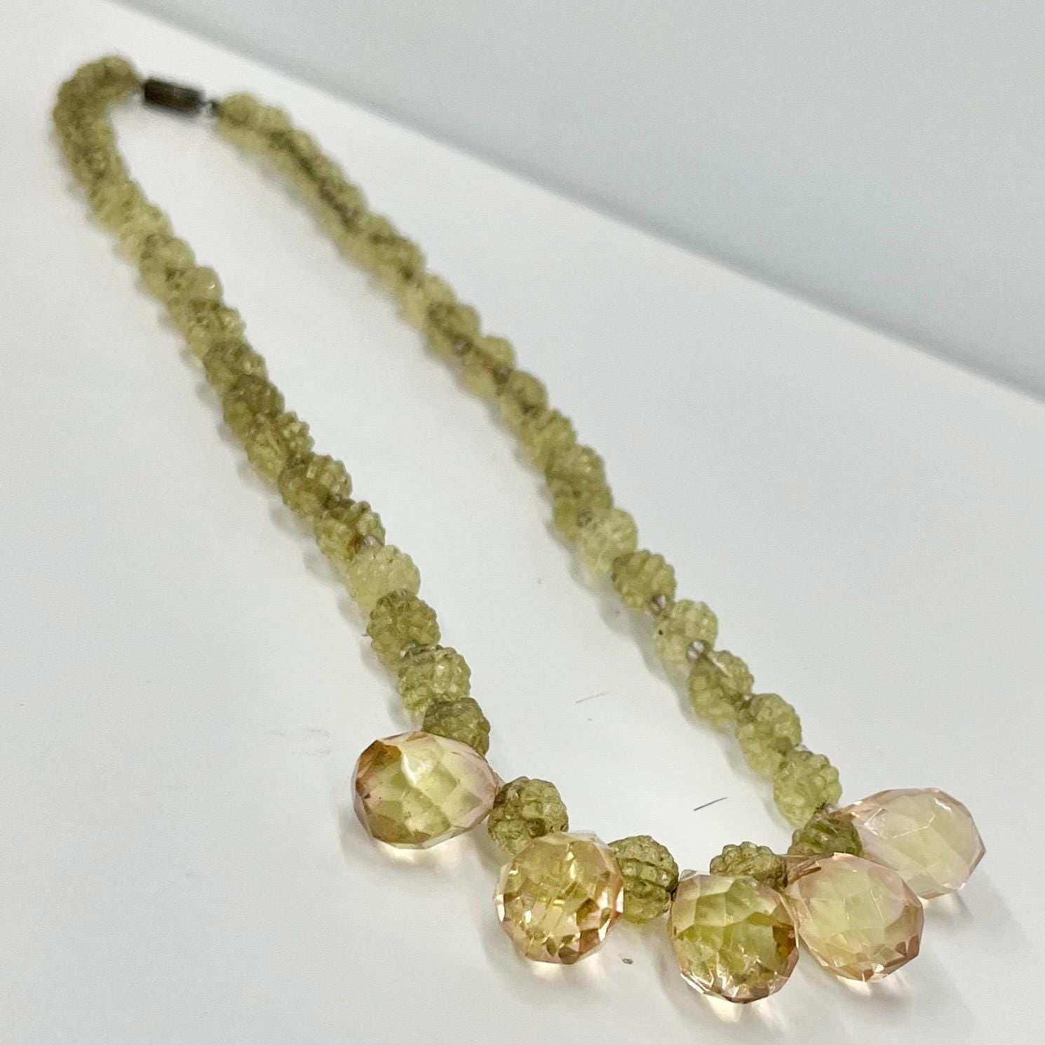 Art Deco Bi Colour Peach Green Uranium Glass Crystal Bead Drop Necklace Bright Green UV Reactive Glow Jewellery 16” Long TheGreenGlassGemShop