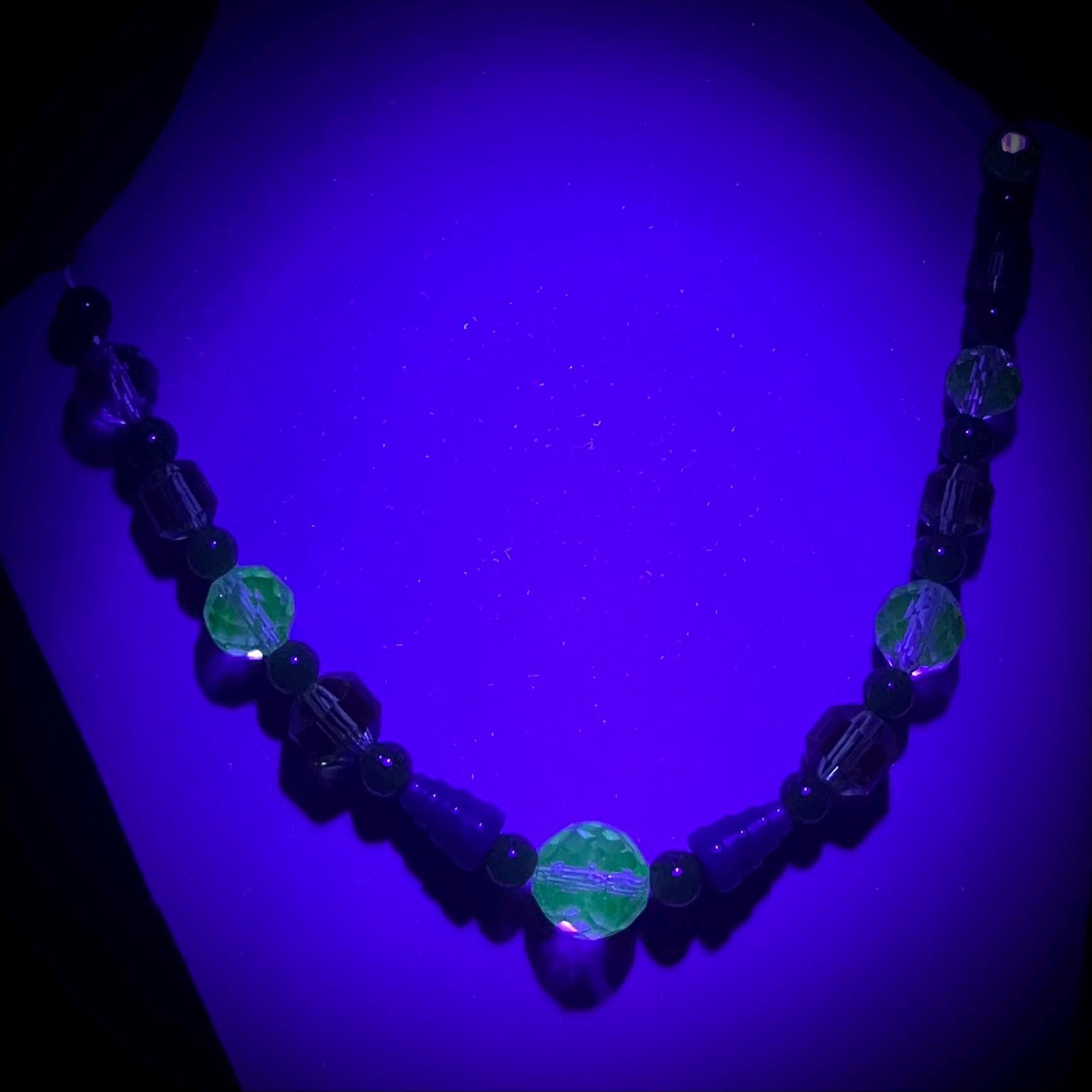 Vintage Green & Teal Faceted Glass Manganese Bead Necklace Green UV Reactive Glow Jewellery 17” TheGreenGlassGemShop
