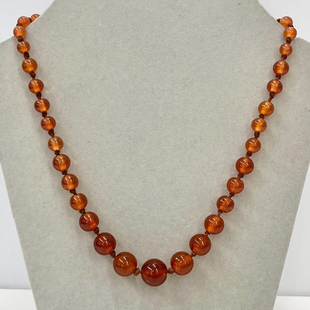 Vintage Carnelian Glass Uranium Graduated Round Bead Necklace Orange Hand Knotted Green / Yellow UV Reactive Glow 16” TheGreenGlassGemShop