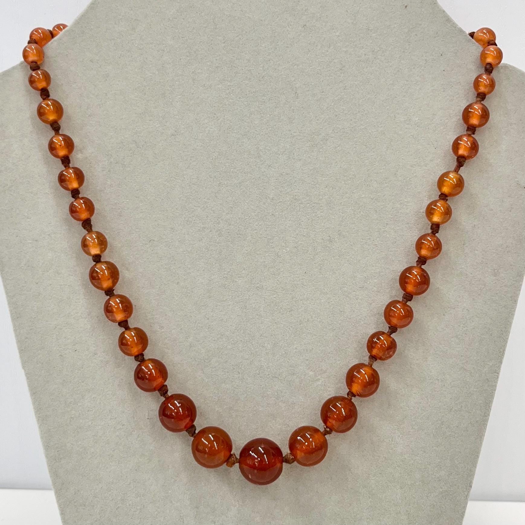 Vintage Carnelian Glass Uranium Graduated Round Bead Necklace Orange Hand Knotted Green / Yellow UV Reactive Glow 16” TheGreenGlassGemShop