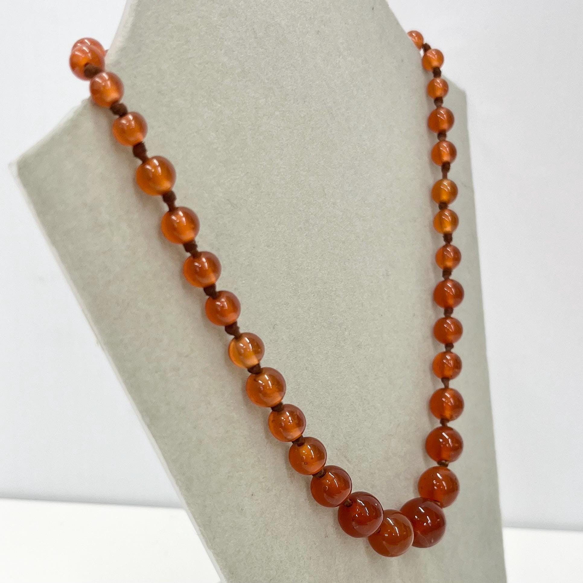 Vintage Carnelian Glass Uranium Graduated Round Bead Necklace Orange Hand Knotted Green / Yellow UV Reactive Glow 16” TheGreenGlassGemShop