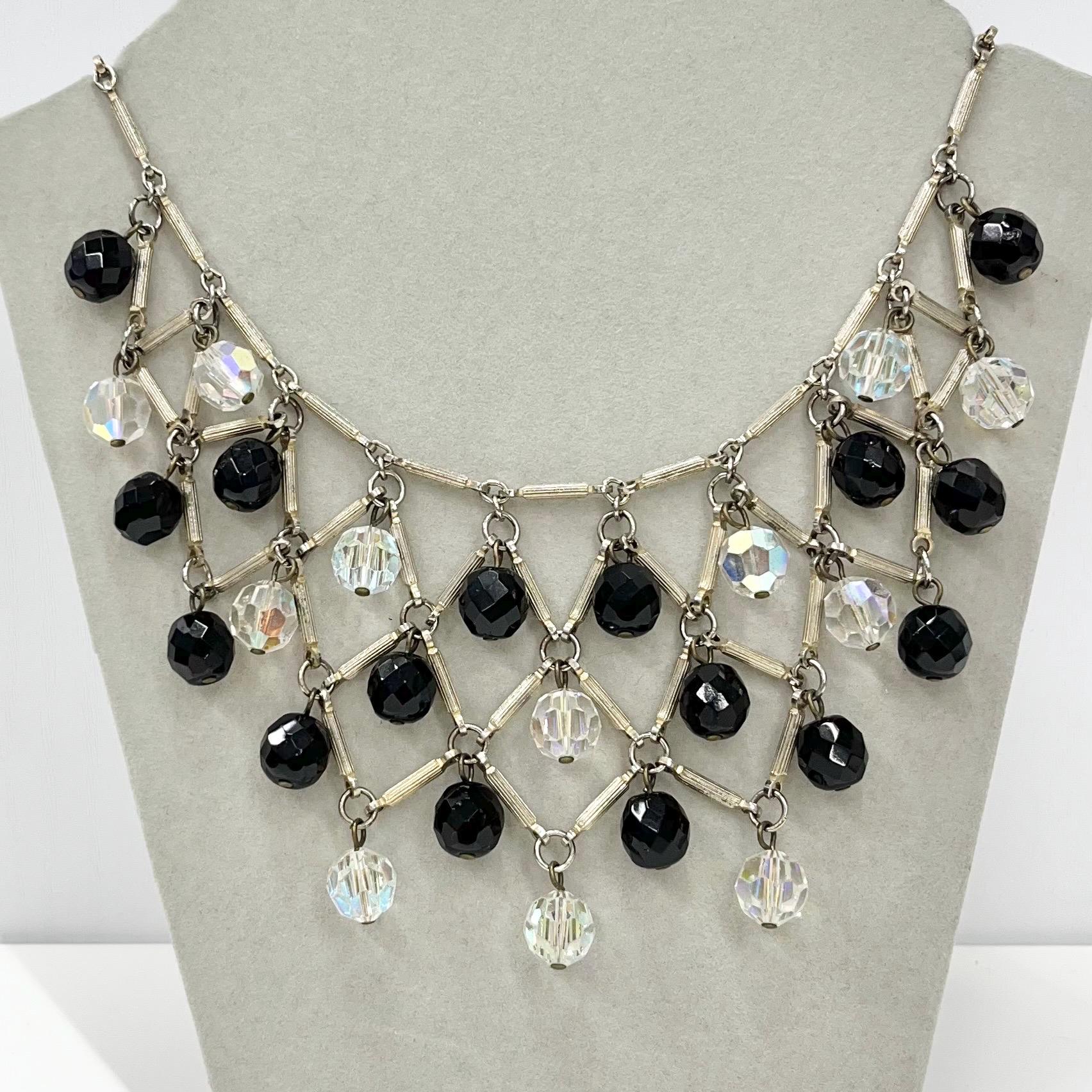 Vintage 1940’s 1950’s Black & Clear Austrian Crystal Glass Bead Necklace Bib Waterfall Style Drop Necklace TheGreenGlassGemShop