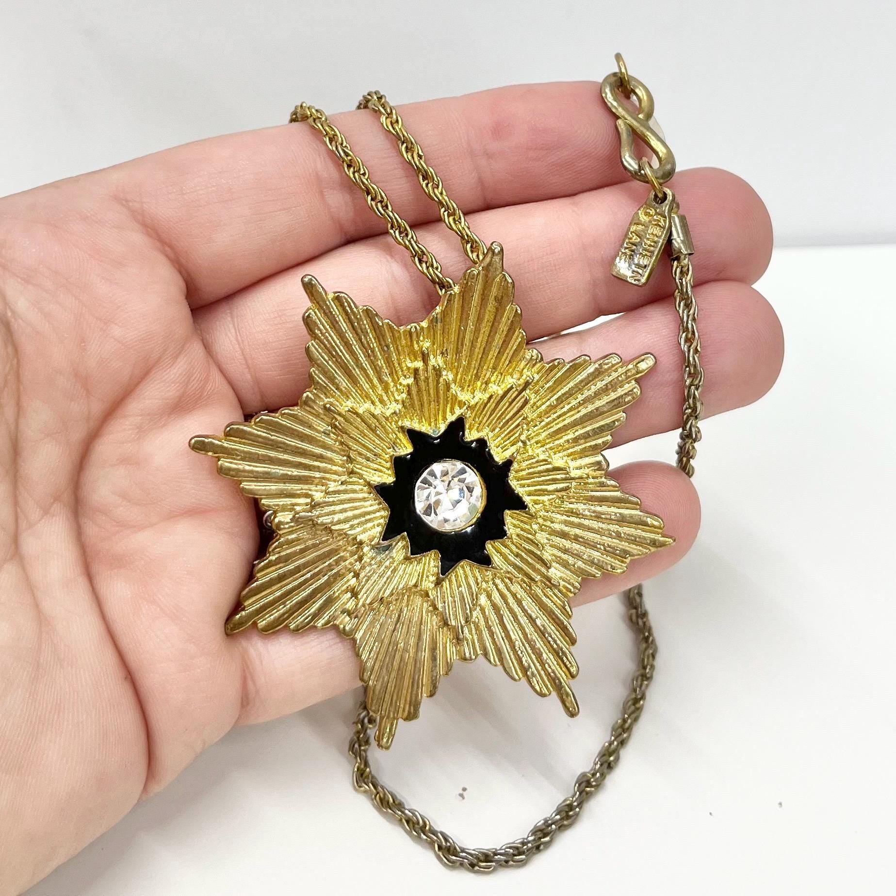 Vintage 1970‘s 1980’s Kenneth Lane Gold Plate Starburst Star / Flower Pendant Necklace with Black Enamel & Crystal Crystal 32” Curb Chain TheGreenGlassGemShop