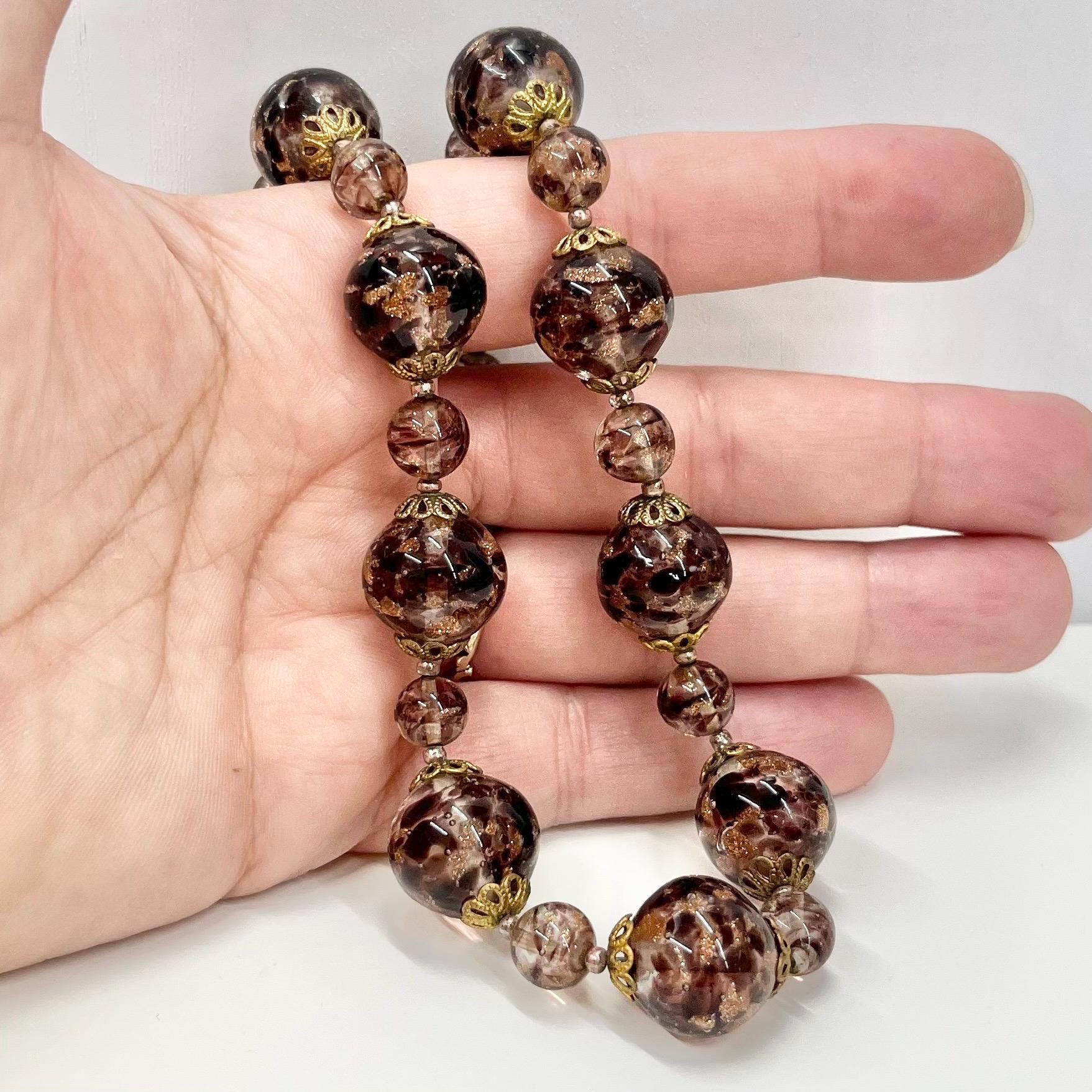 Vintage Light Amethyst Gold Aventurine Lampwork Glass Bead Necklace with Brass Filigree Bead Caps 16.5” Long Handmade Lampwork Beads TheGreenGlassGemShop